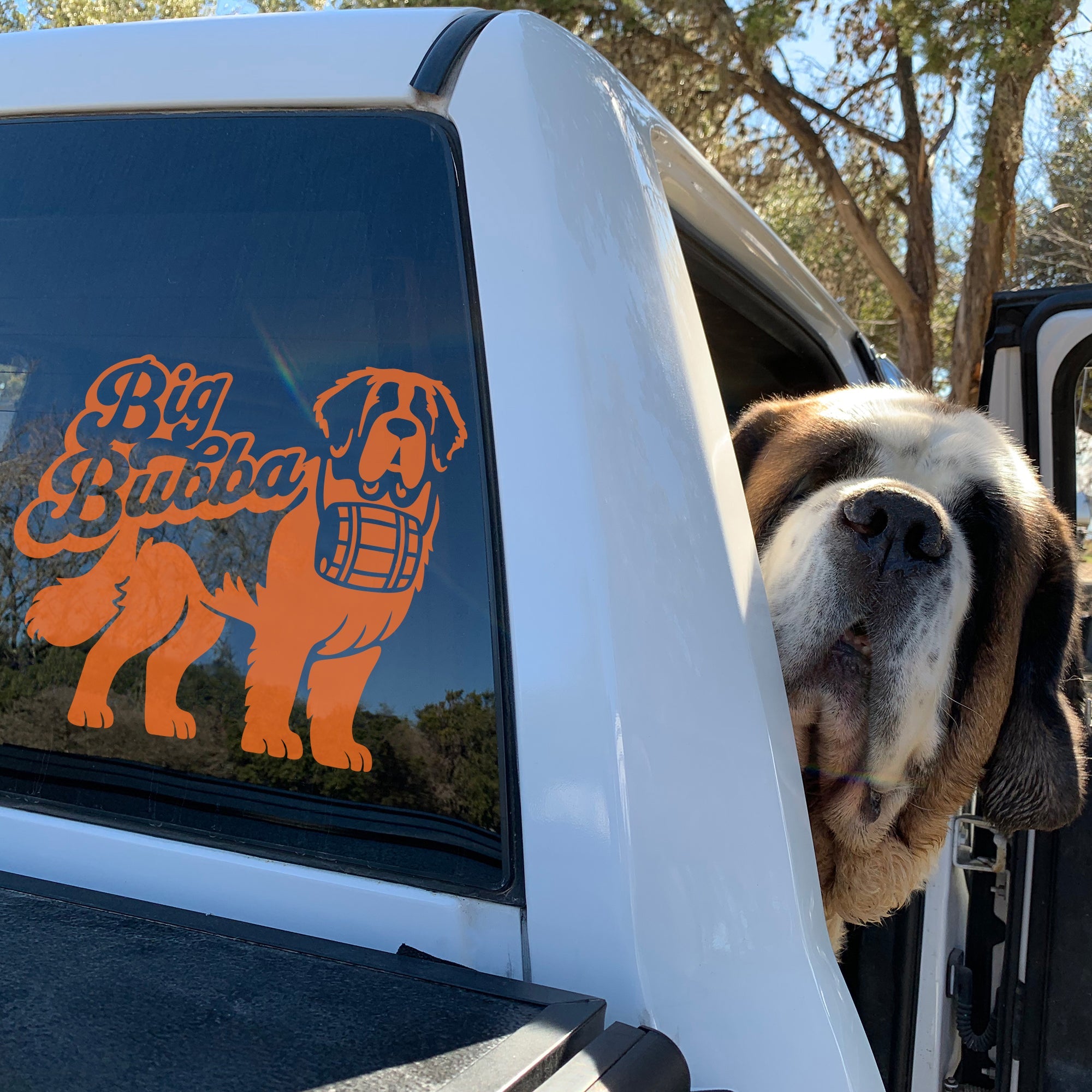 Big Bubba Saint Bernard with Swiss Barrel Window Decal - Lucy + Norman