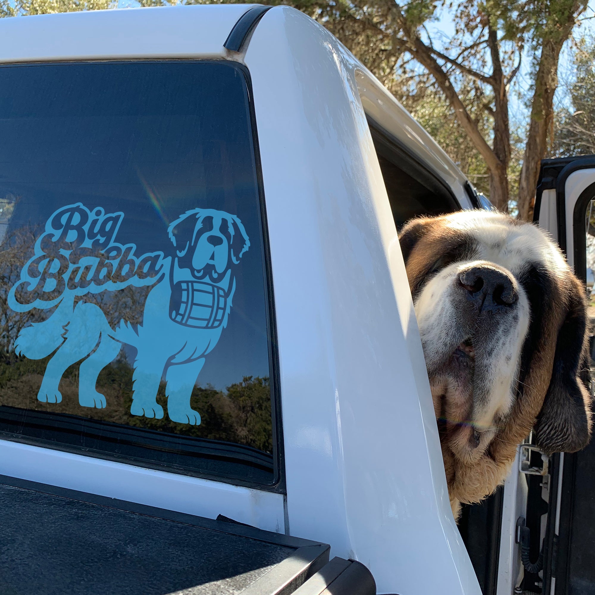 Big Bubba Saint Bernard with Swiss Barrel Window Decal - Lucy + Norman