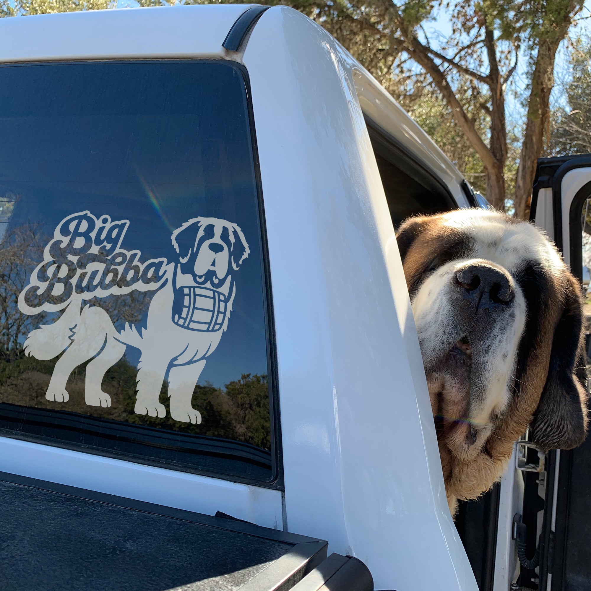 Big Bubba Saint Bernard with Swiss Barrel Window Decal - Lucy + Norman