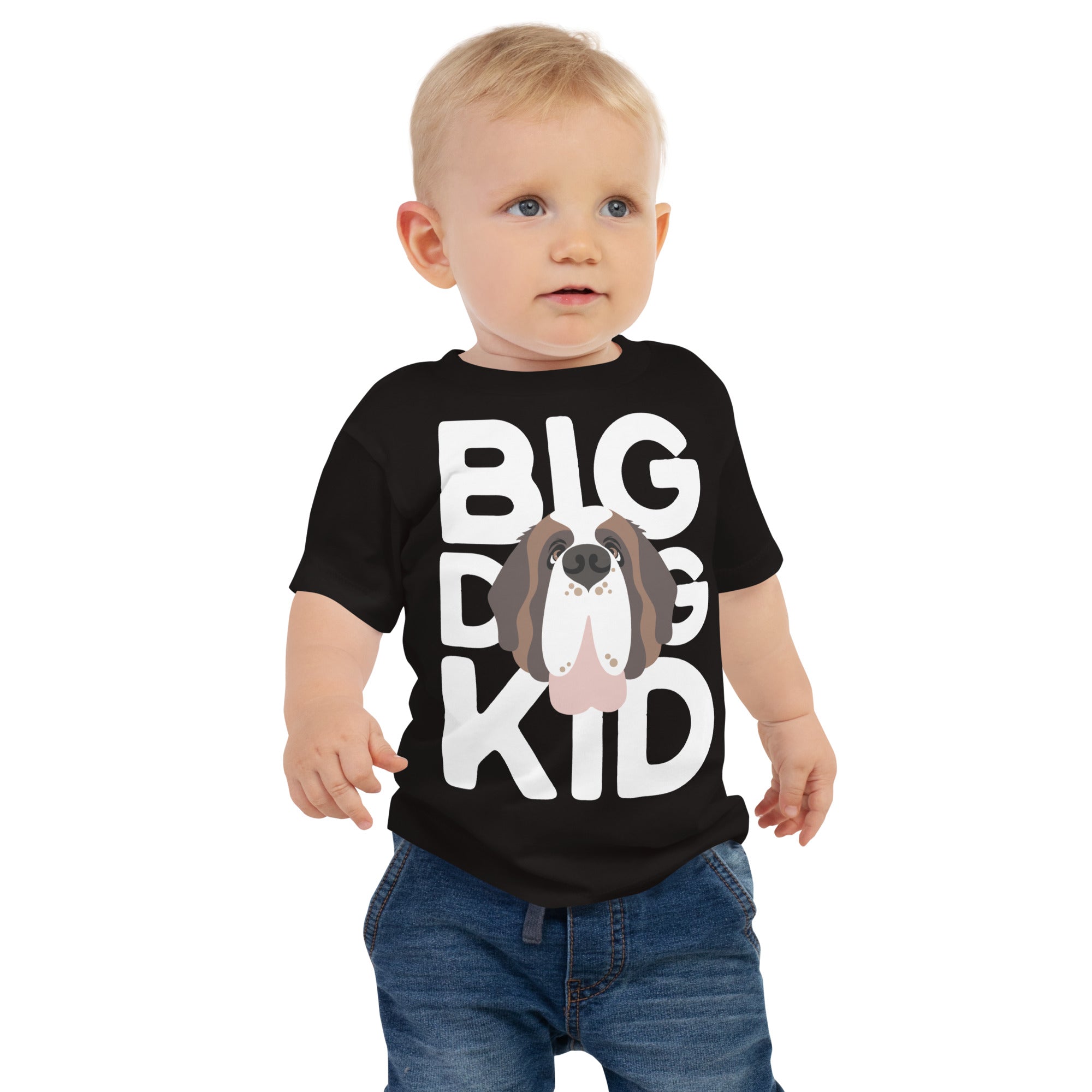 Child wearing a black t-shirt with 'BIG DOG KID' and a Saint Bernard dog graphic on a white background