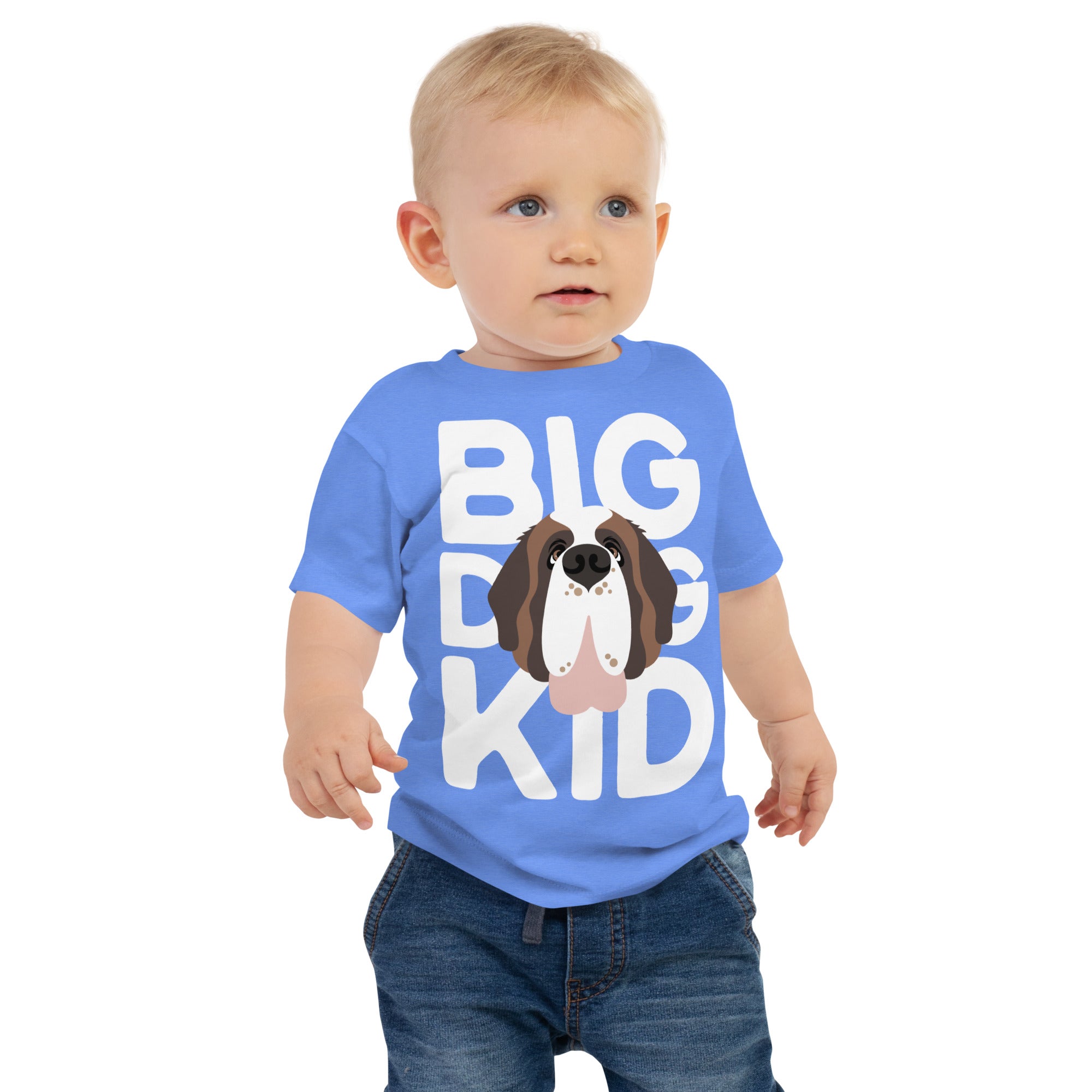 Child wearing a blue t-shirt with 'BIG DOG KID' and a Saint Bernard dog graphic on a white background.