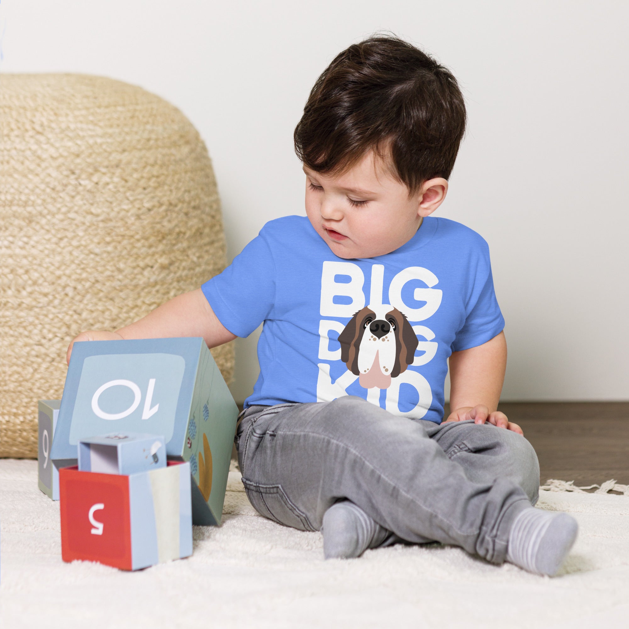 Child wearing a blue shirt with 'BIG DOG' text and a St Bernard dog graphic, sitting on the floor with educational blocks.
