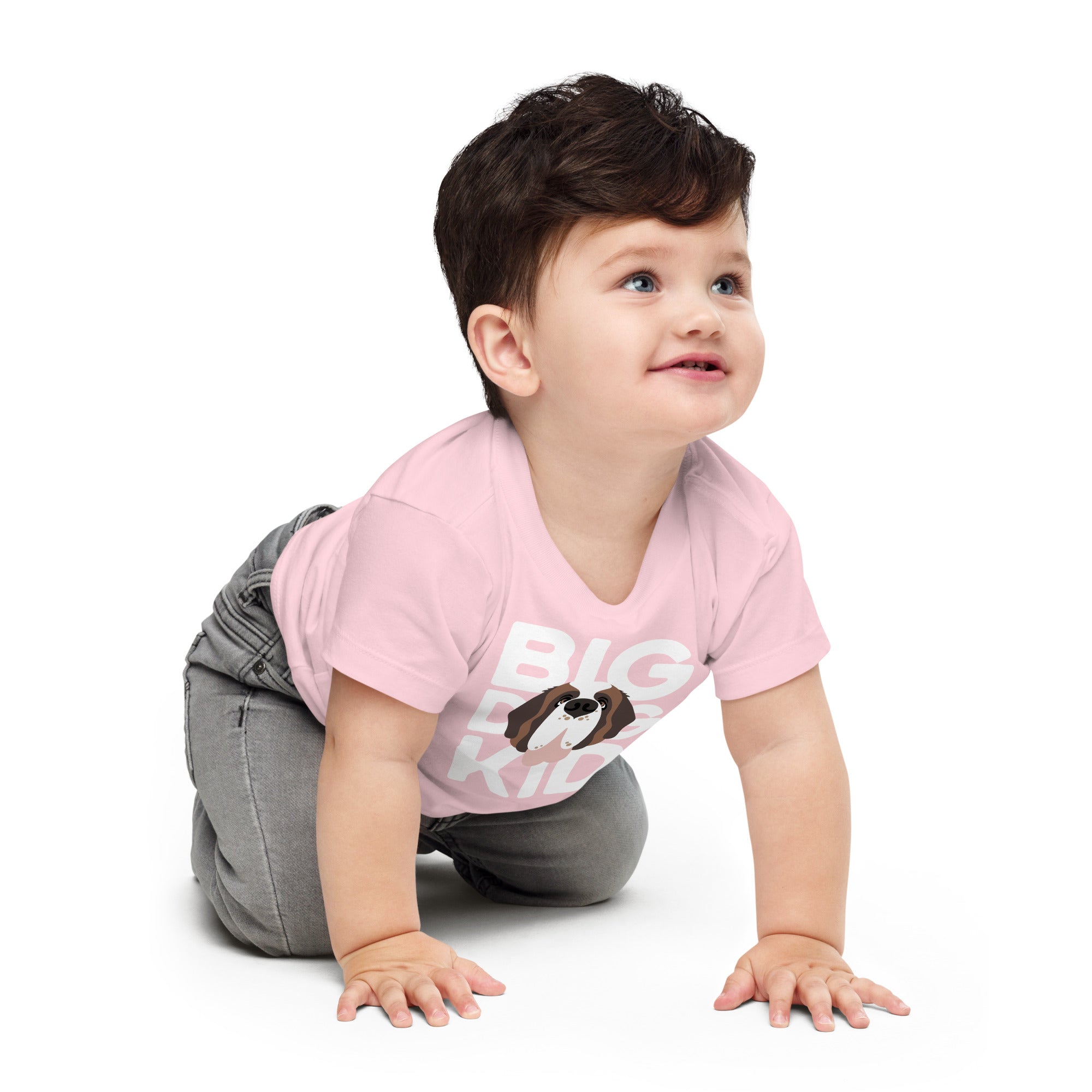 Child wearing a pink t-shirt with 'BIG DOG KID' and a Saint Bernard dog graphic on a white background.