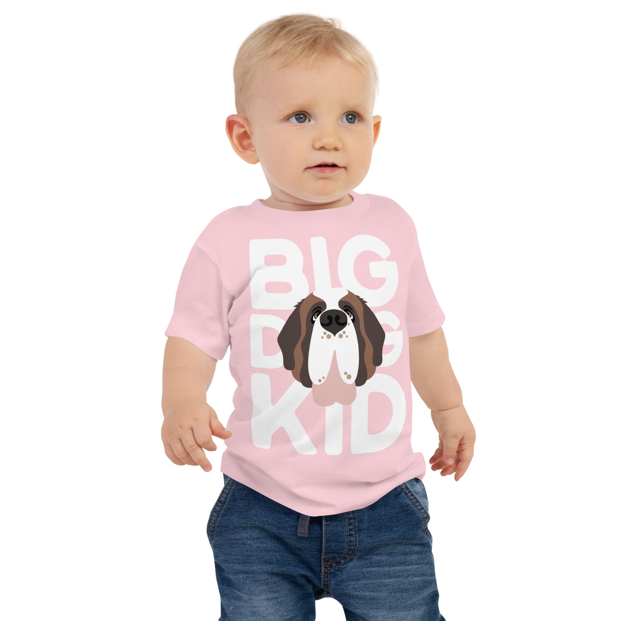 Child wearing a pink t-shirt with 'BIG DOG KID' and a Saint Bernard dog graphic on a white background.