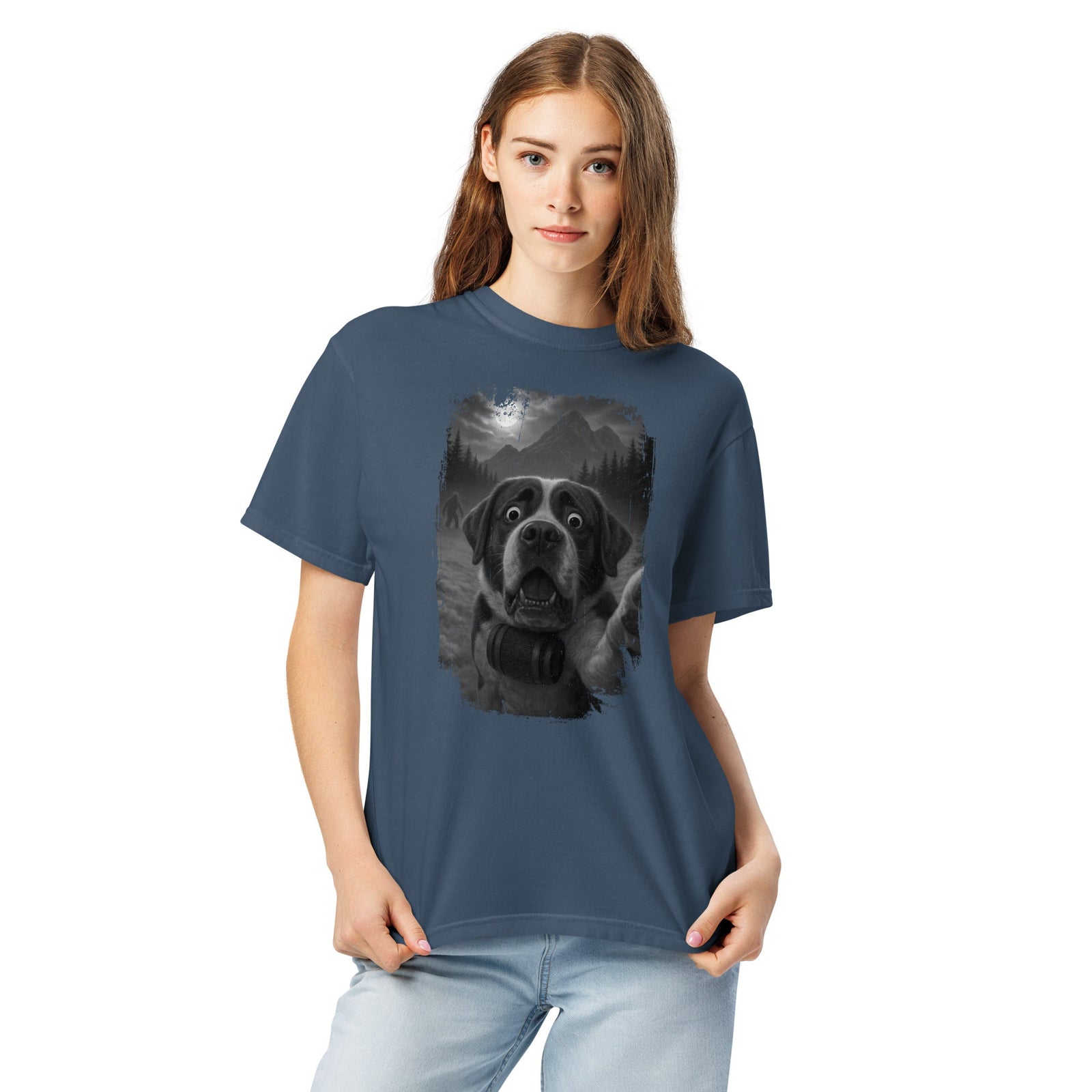 Bigfoot Scaredy Saint Bernard Selfie T-Shirt - Lucy + Norman