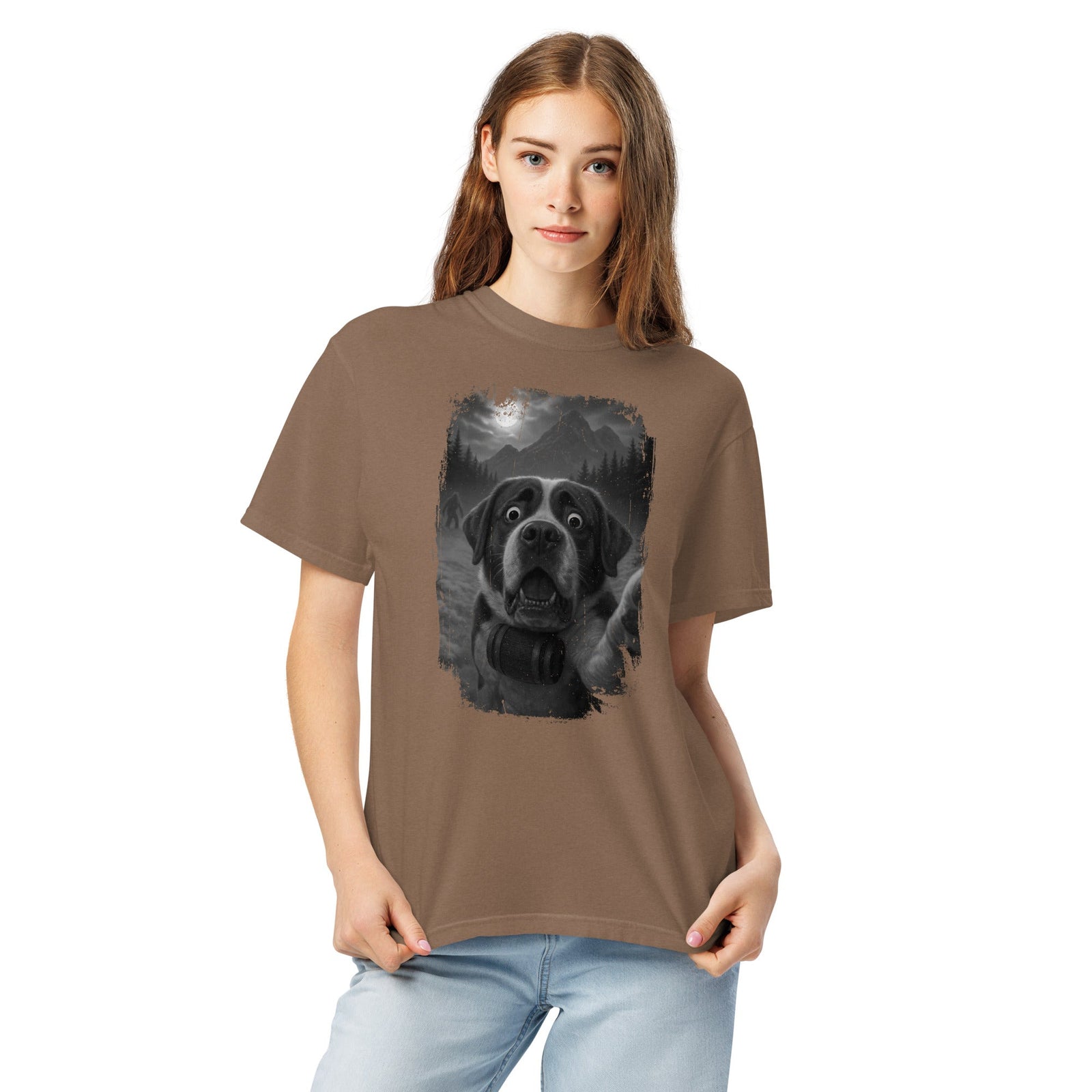 Bigfoot Scaredy Saint Bernard Selfie T-Shirt - Lucy + Norman