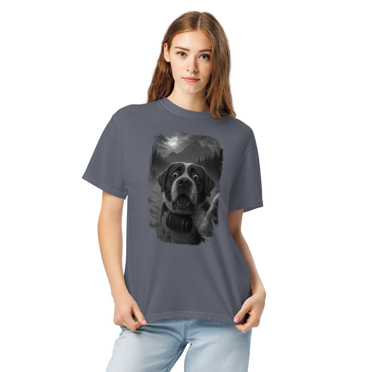 Bigfoot Scaredy Saint Bernard Selfie T-Shirt - Lucy + Norman