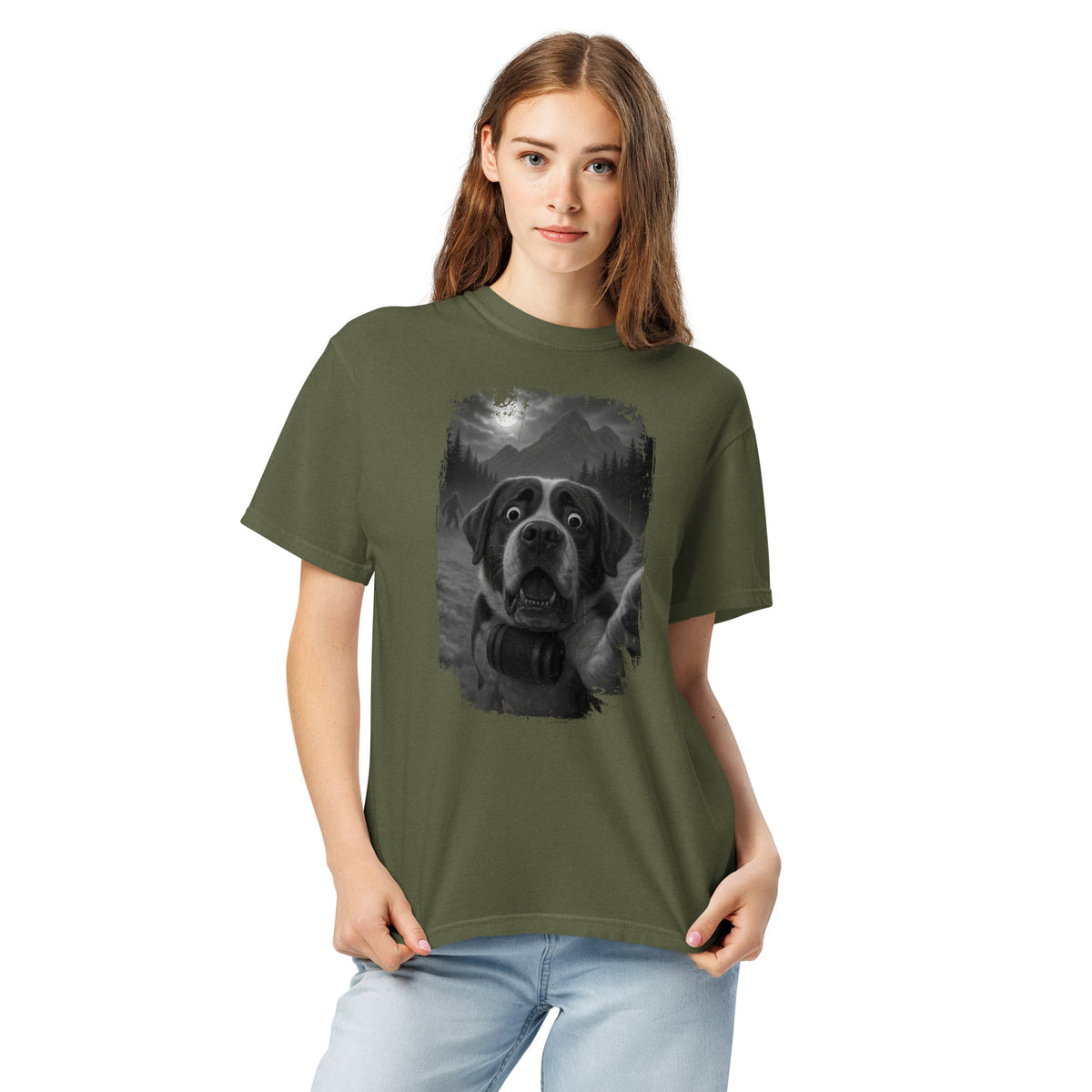 Bigfoot Scaredy Saint Bernard Selfie T-Shirt - Lucy + Norman