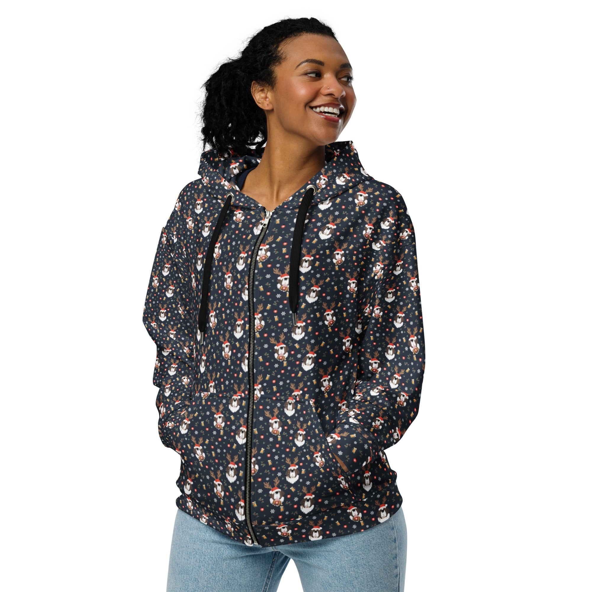 Christmas Reindeer Beer St Bernard Zip Hoodie - Lucy + Norman
