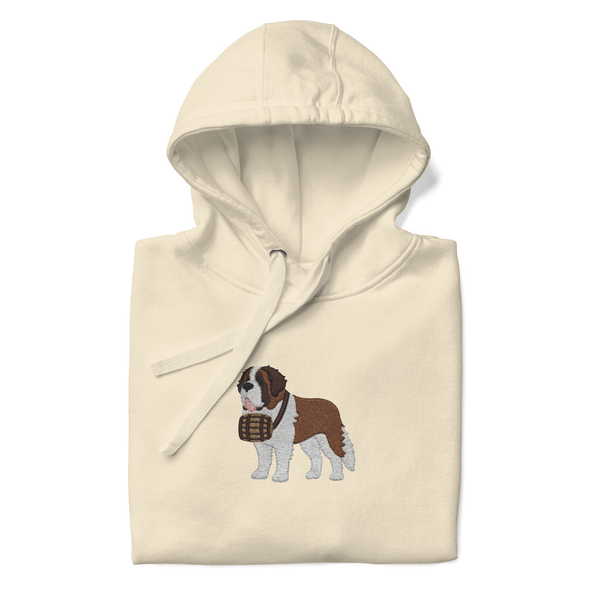 Premium hoodie embroidered with a detailed Saint Bernard with a barrel around its neck by Lucy and Norman.