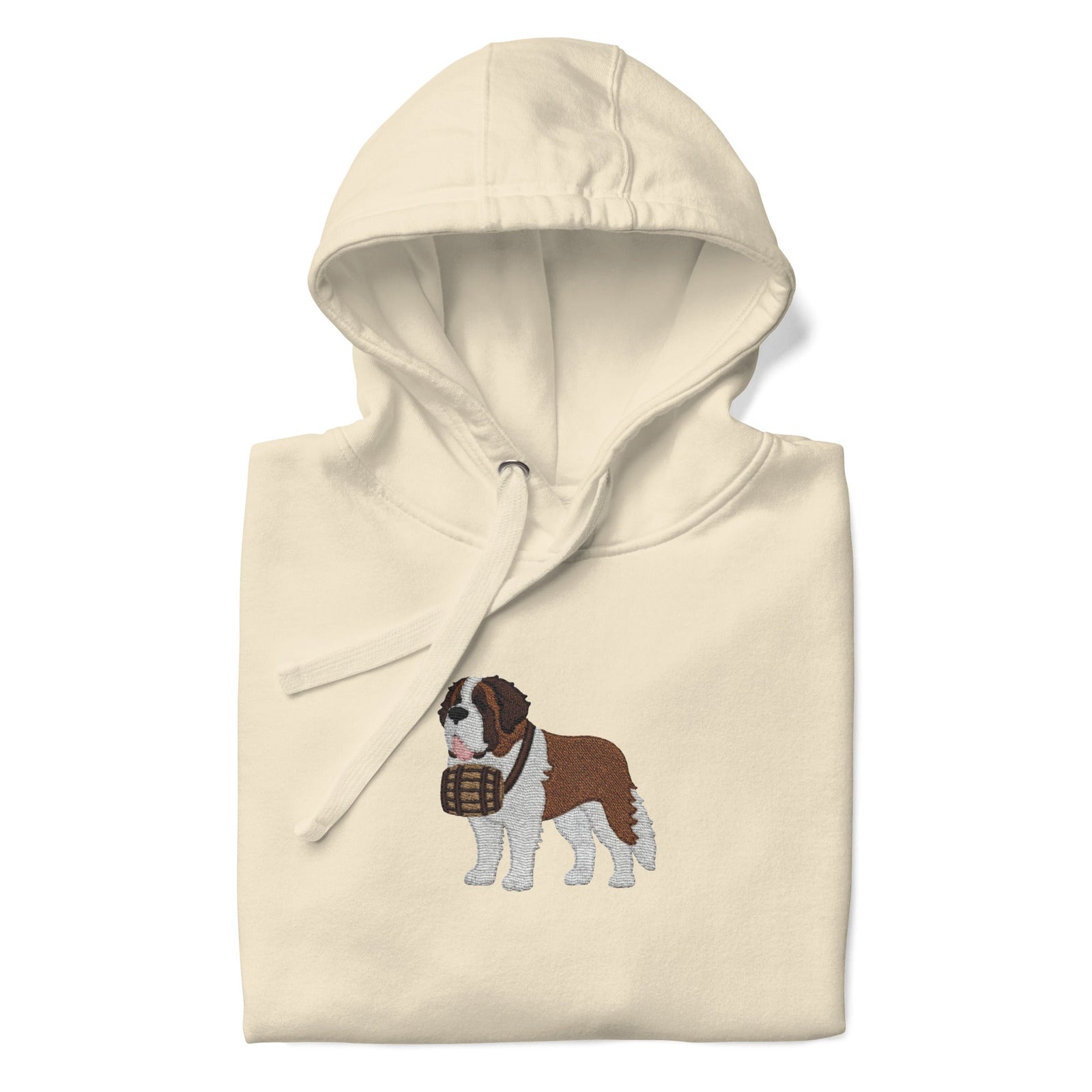 Premium hoodie embroidered with a detailed Saint Bernard with a barrel around its neck by Lucy and Norman.