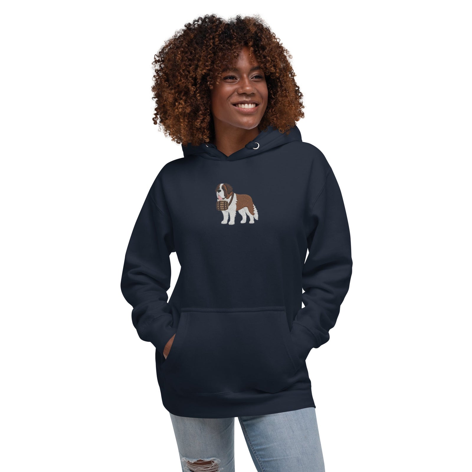 Premium hoodie embroidered with a detailed Saint Bernard with a barrel around its neck by Lucy and Norman.