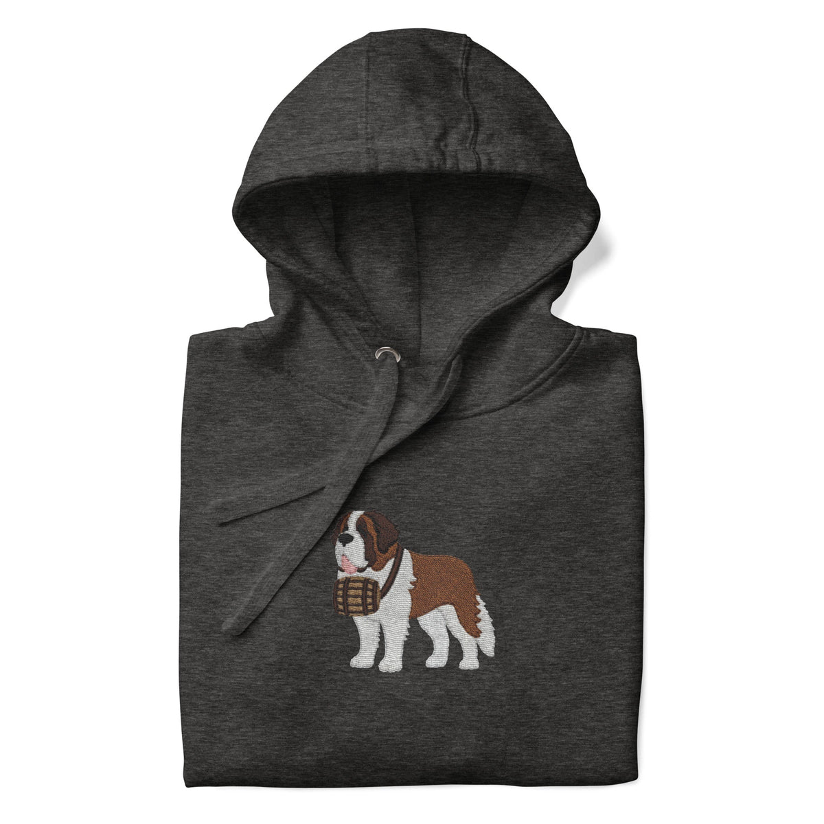 Premium hoodie embroidered with a detailed Saint Bernard with a barrel around its neck by Lucy and Norman.