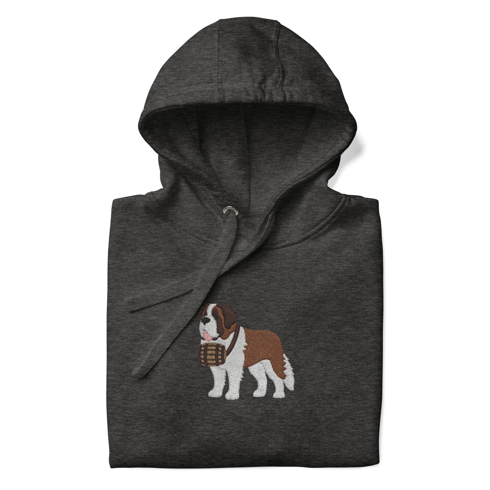 Premium hoodie embroidered with a detailed Saint Bernard with a barrel around its neck by Lucy and Norman.