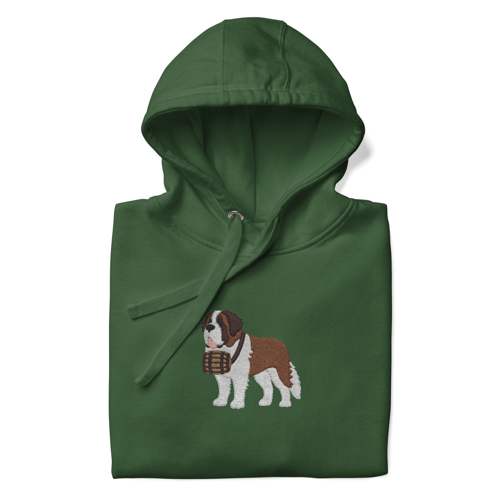 Premium hoodie embroidered with a detailed Saint Bernard with a barrel around its neck by Lucy and Norman.