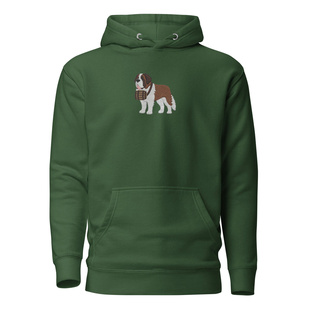 Premium hoodie embroidered with a detailed Saint Bernard with a barrel around its neck by Lucy and Norman.