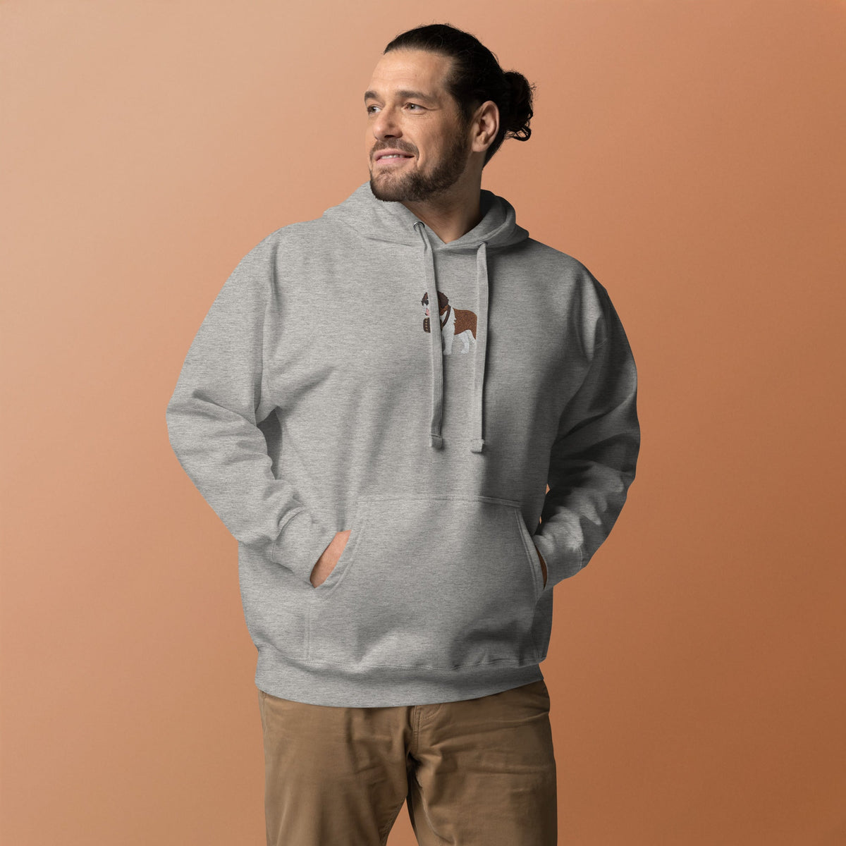 Premium hoodie embroidered with a detailed Saint Bernard with a barrel around its neck by Lucy and Norman.