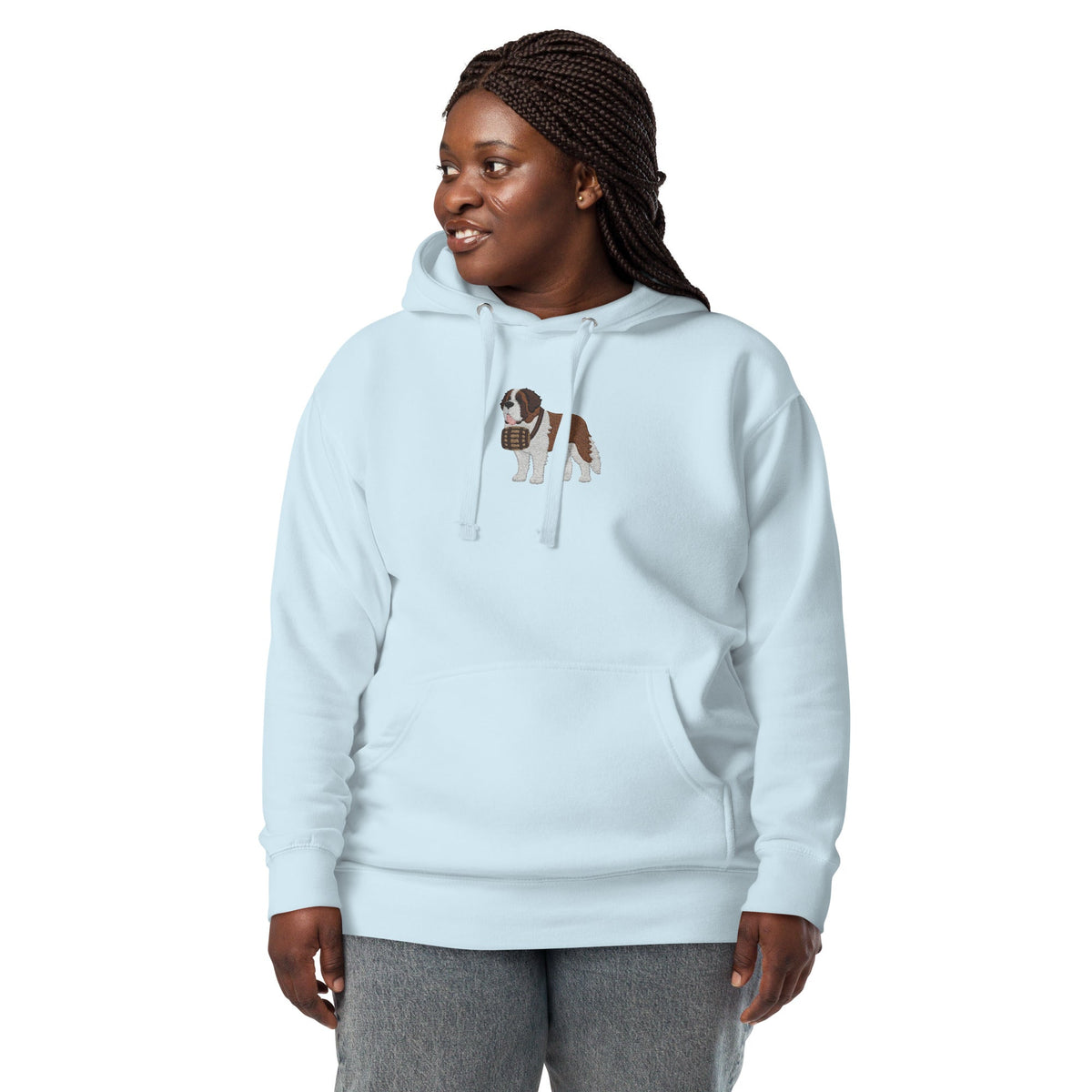 Premium hoodie embroidered with a detailed Saint Bernard with a barrel around its neck by Lucy and Norman.