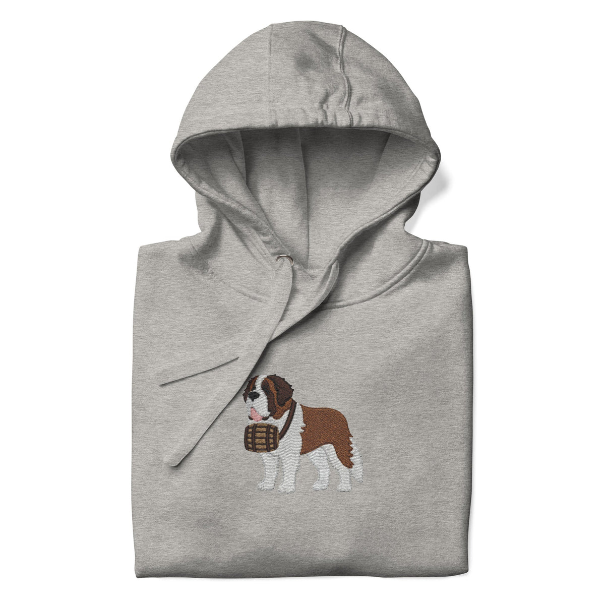 Premium hoodie embroidered with a detailed Saint Bernard with a barrel around its neck by Lucy and Norman.