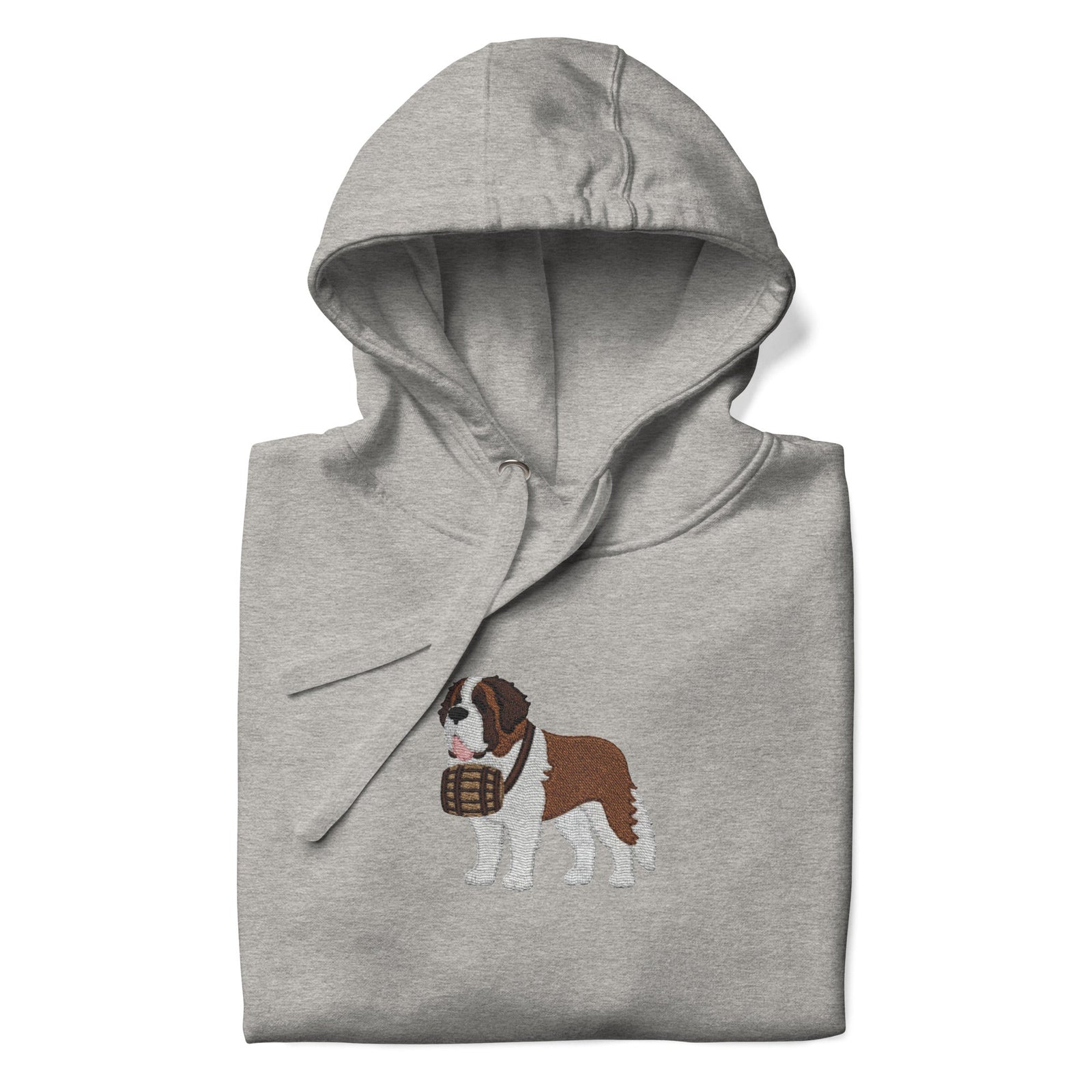 Premium hoodie embroidered with a detailed Saint Bernard with a barrel around its neck by Lucy and Norman.