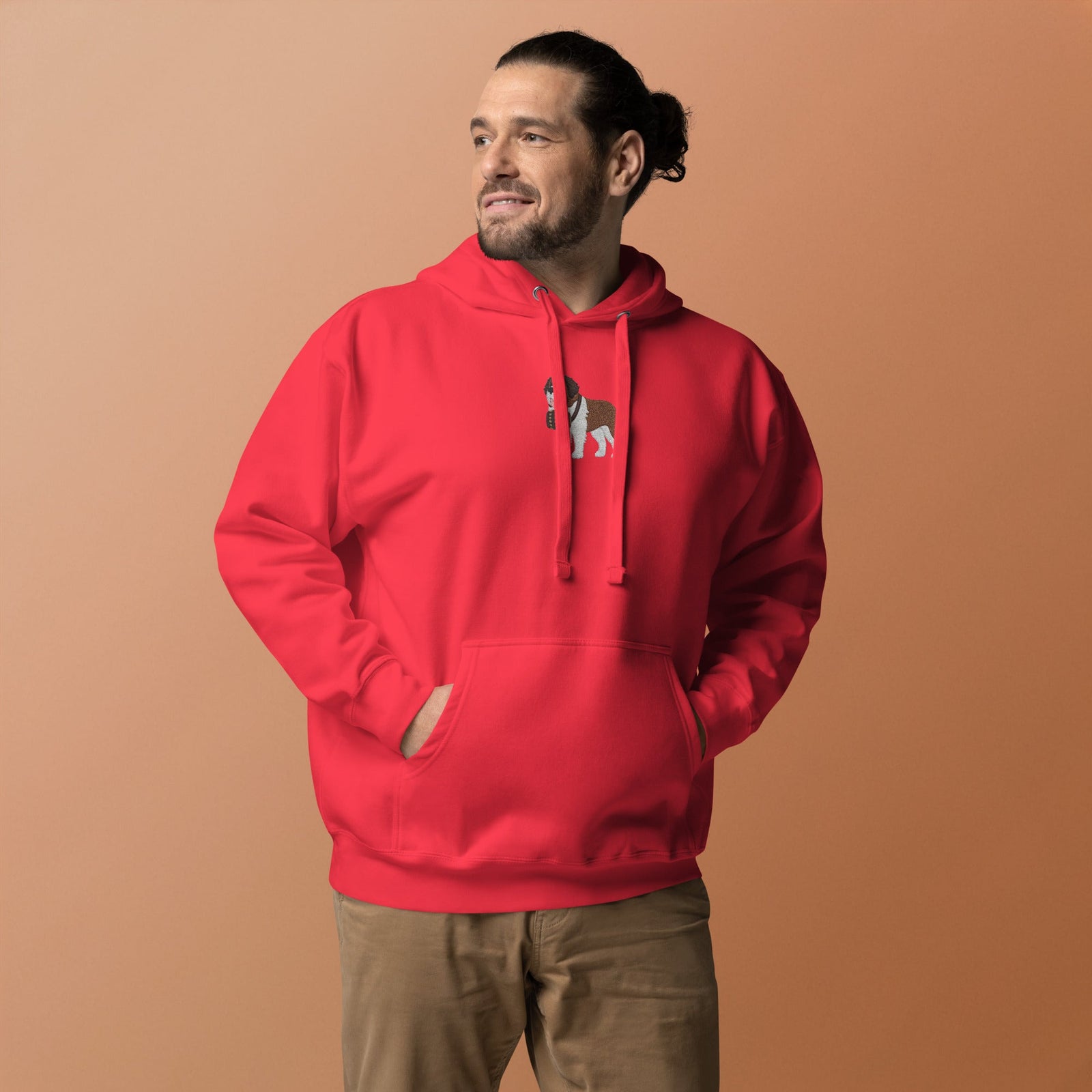 Premium hoodie embroidered with a detailed Saint Bernard with a barrel around its neck by Lucy and Norman.