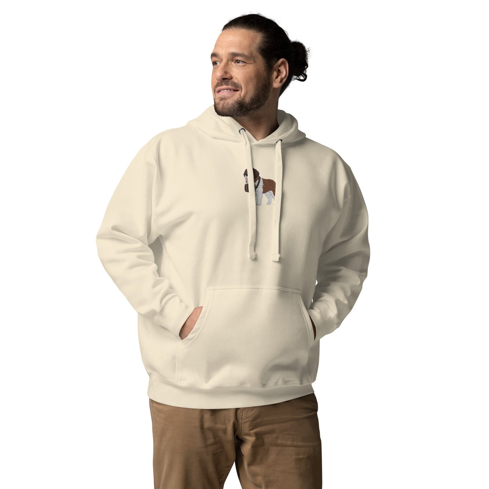 Premium hoodie embroidered with a detailed Saint Bernard with a barrel around its neck by Lucy and Norman.