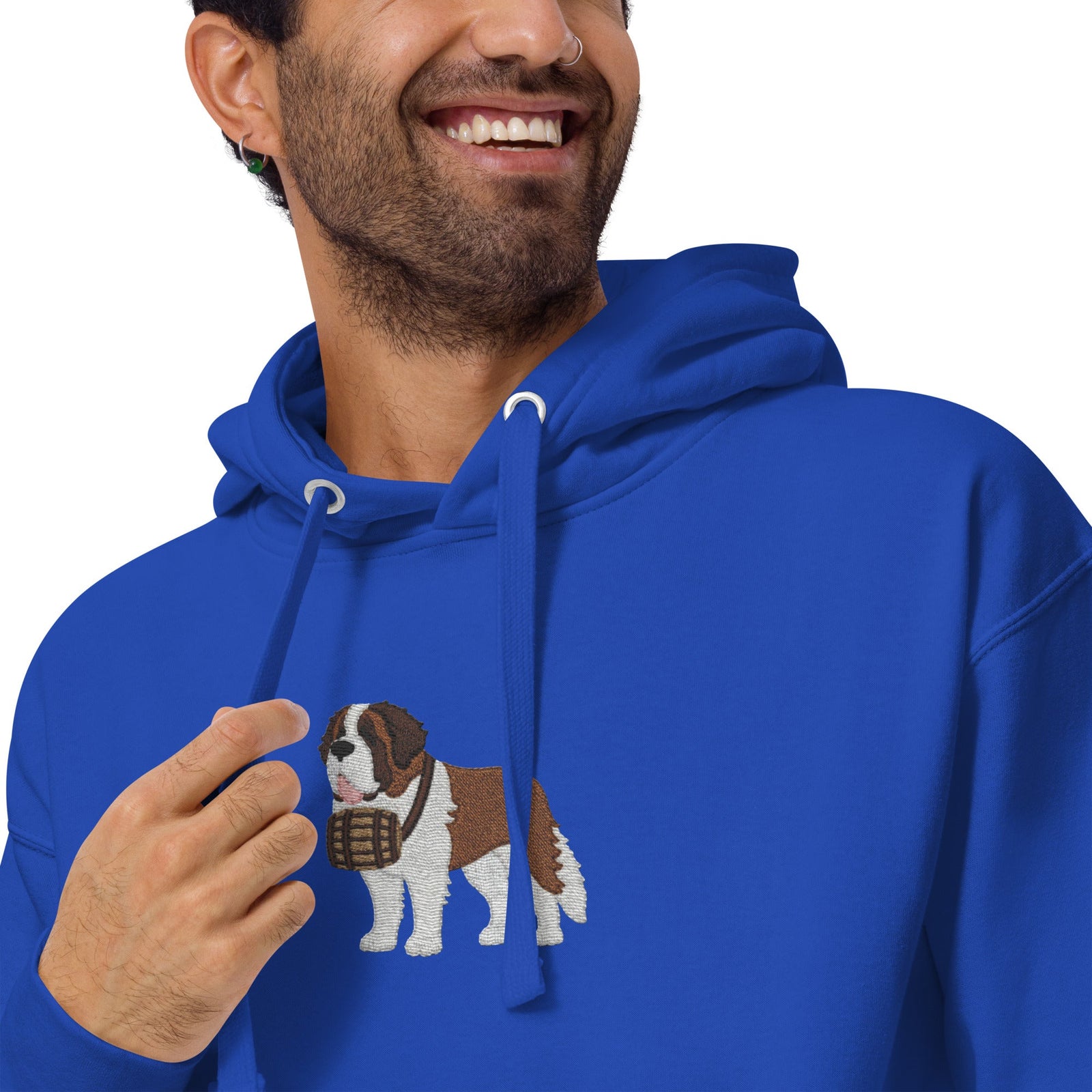 Premium hoodie embroidered with a detailed Saint Bernard with a barrel around its neck by Lucy and Norman.