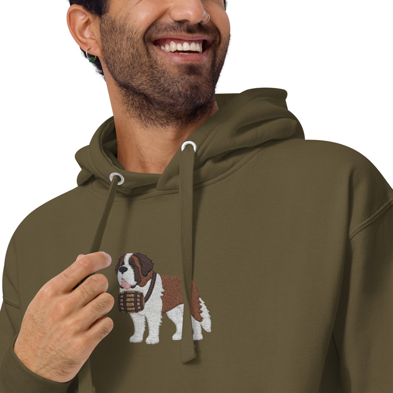 Premium hoodie embroidered with a detailed Saint Bernard with a barrel around its neck by Lucy and Norman.