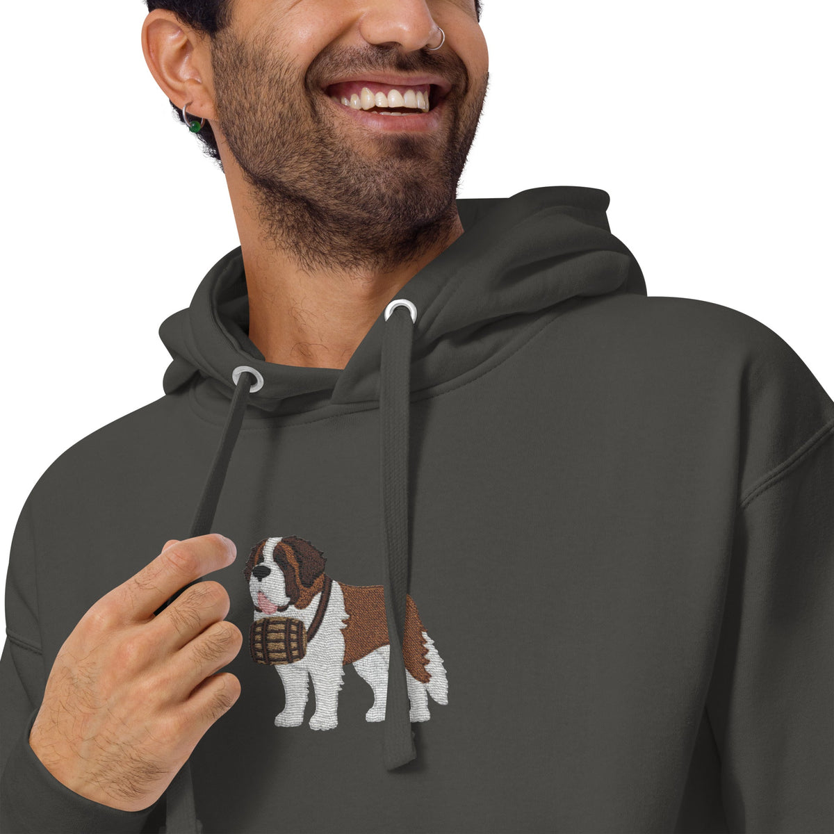 Premium hoodie embroidered with a detailed Saint Bernard with a barrel around its neck by Lucy and Norman.