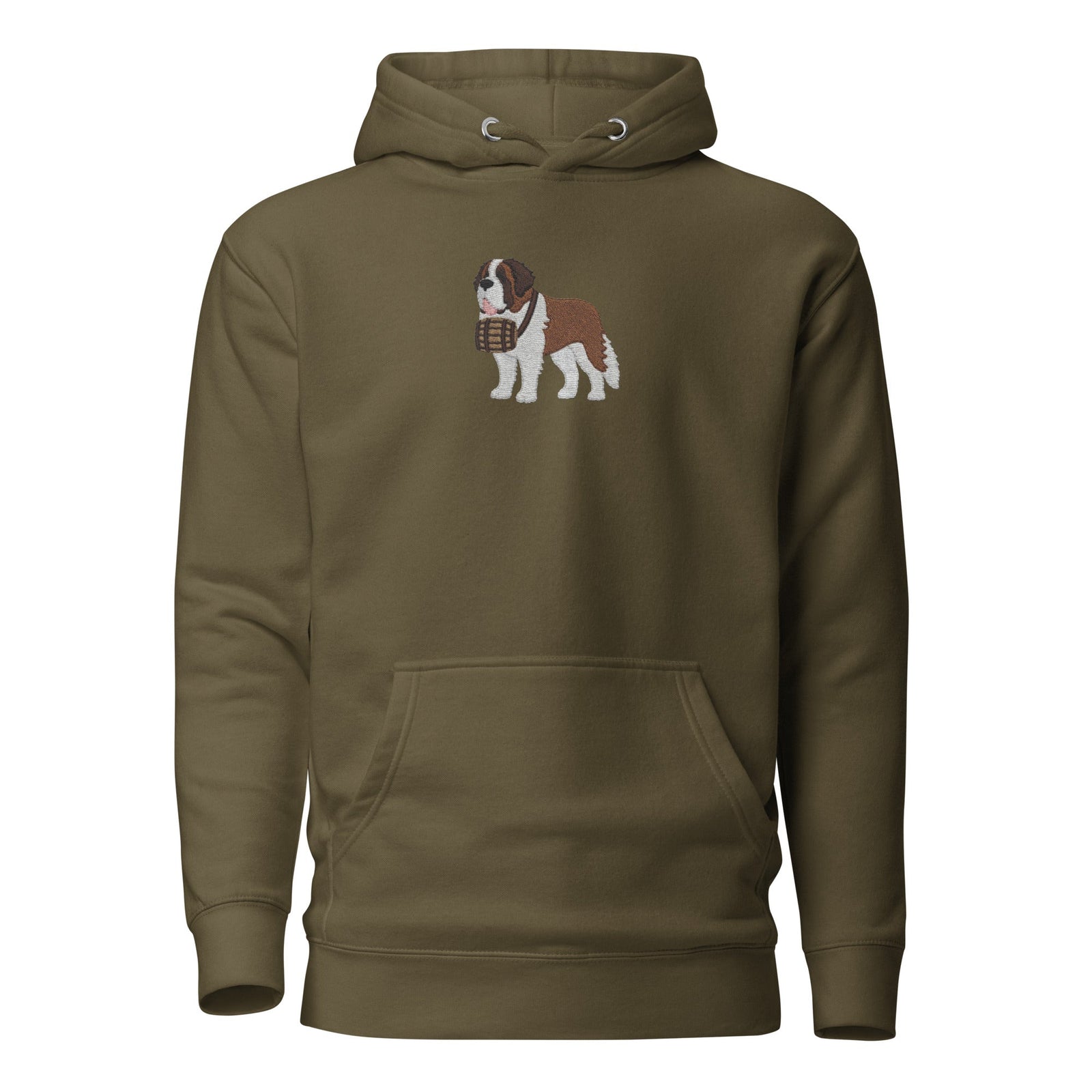 Premium hoodie embroidered with a detailed Saint Bernard with a barrel around its neck by Lucy and Norman.
