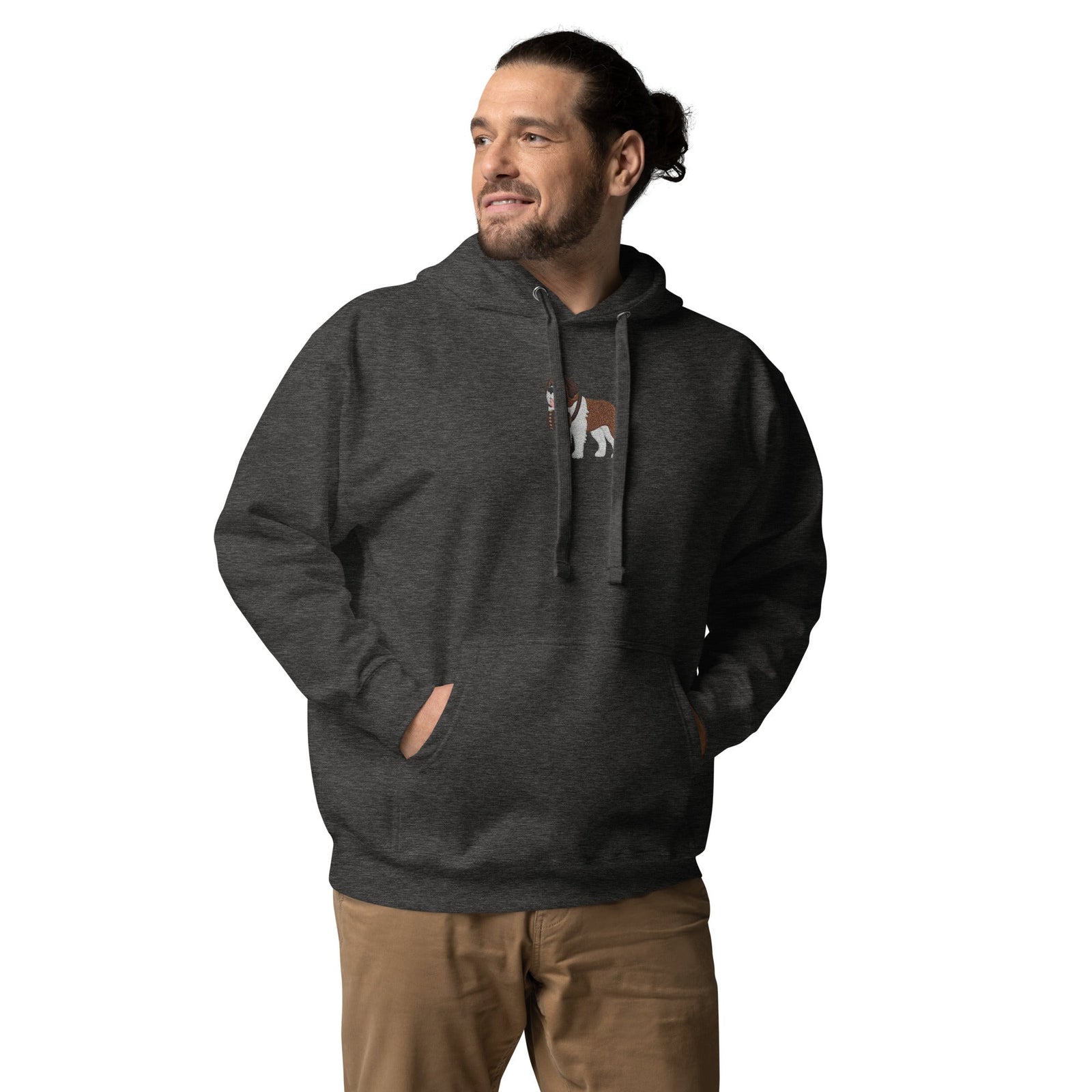 Premium hoodie embroidered with a detailed Saint Bernard with a barrel around its neck by Lucy and Norman.