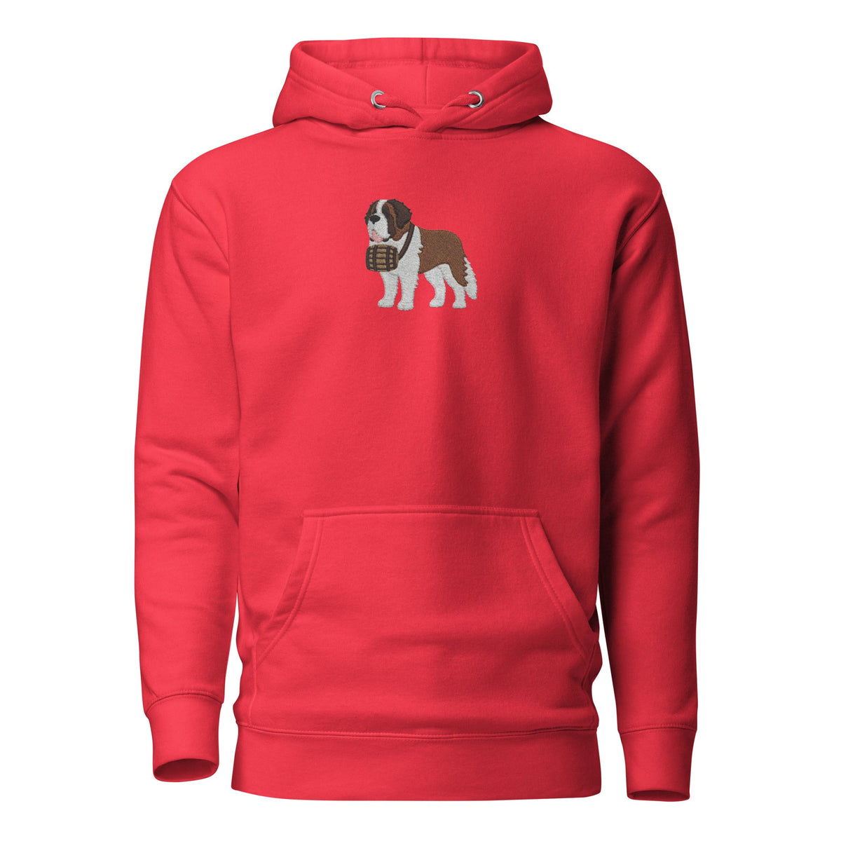 Premium hoodie embroidered with a detailed Saint Bernard with a barrel around its neck by Lucy and Norman.
