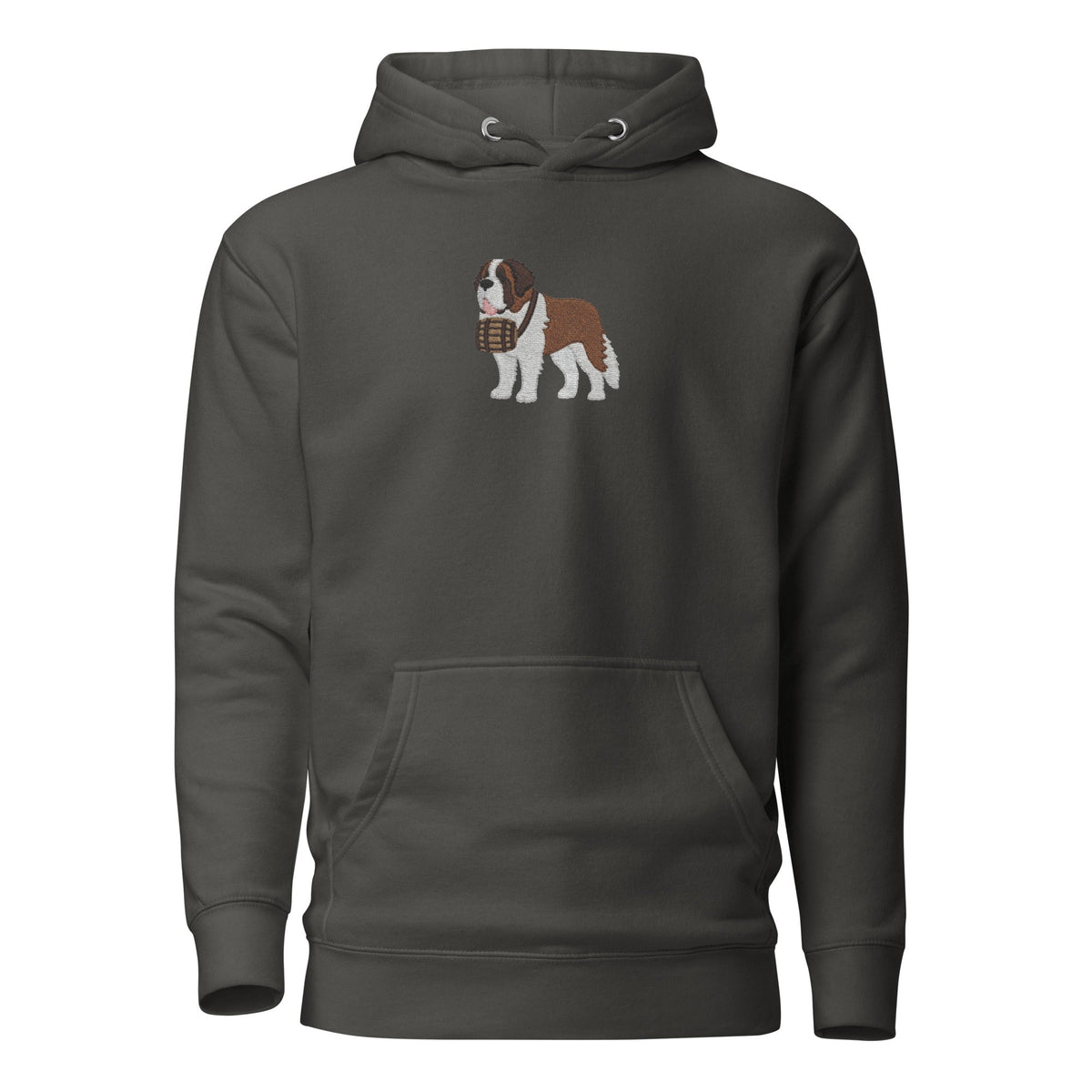 Premium hoodie embroidered with a detailed Saint Bernard with a barrel around its neck by Lucy and Norman.