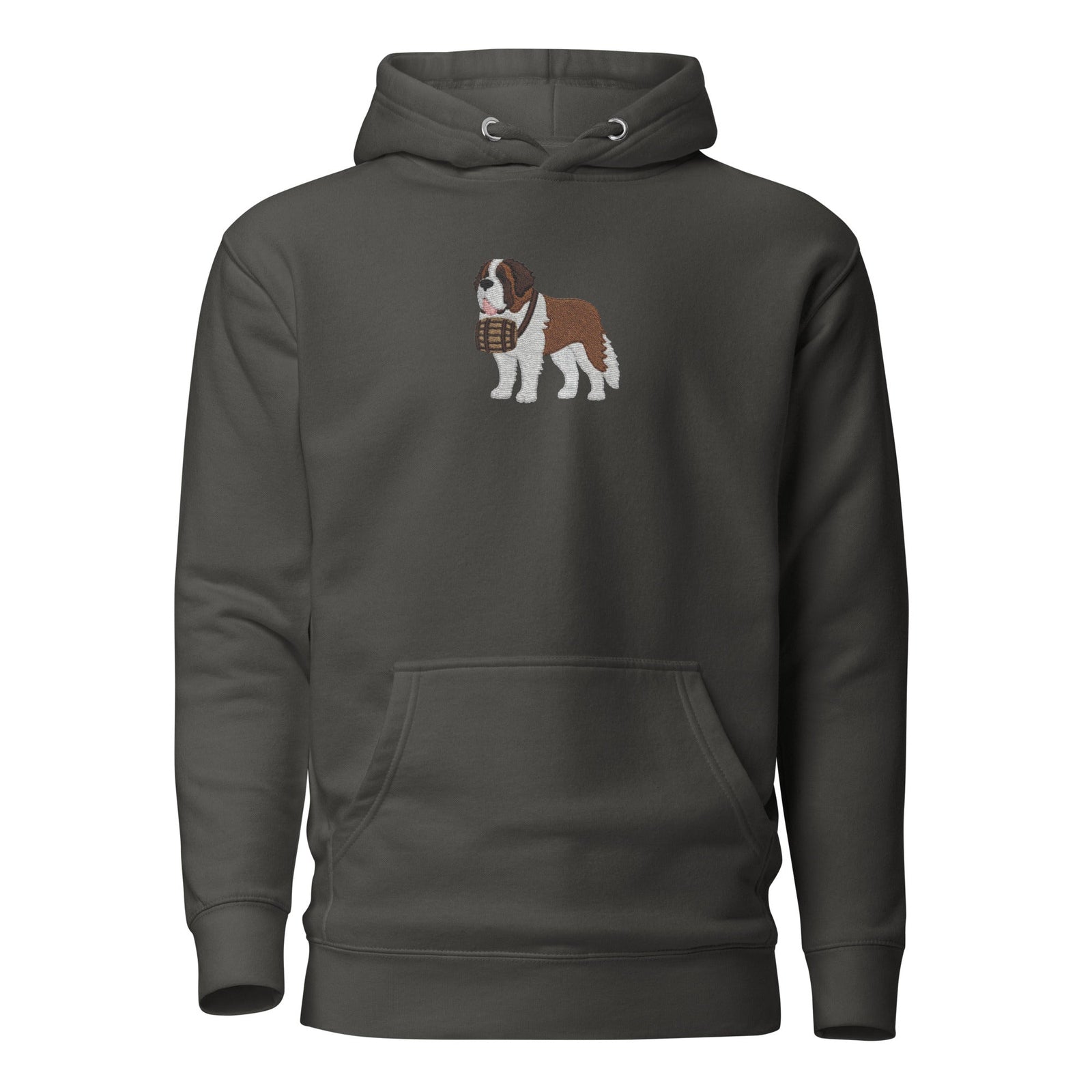 Premium hoodie embroidered with a detailed Saint Bernard with a barrel around its neck by Lucy and Norman.