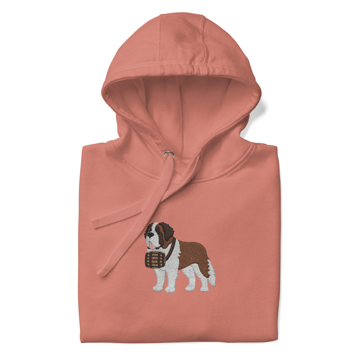Premium hoodie embroidered with a detailed Saint Bernard with a barrel around its neck by Lucy and Norman.