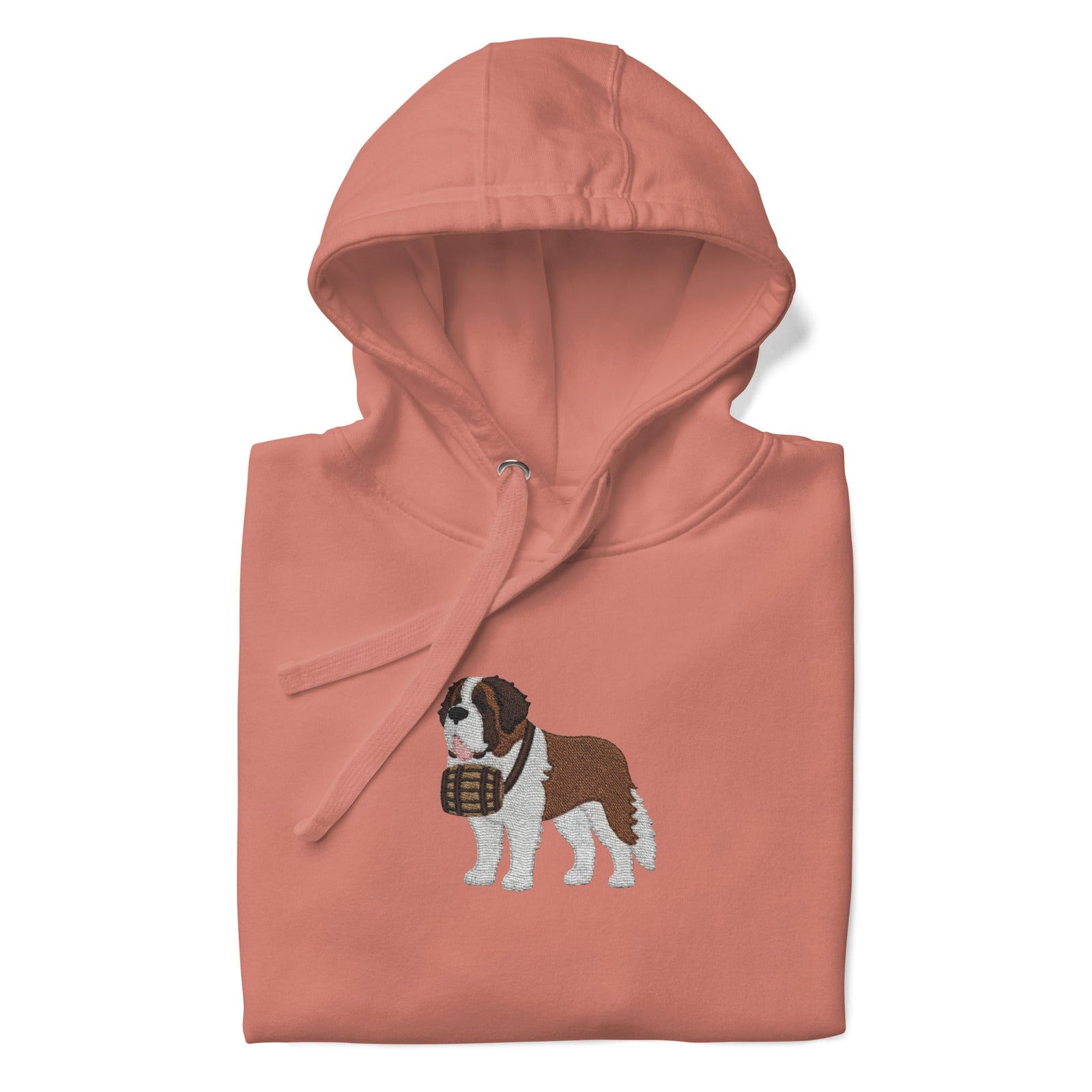 Premium hoodie embroidered with a detailed Saint Bernard with a barrel around its neck by Lucy and Norman.