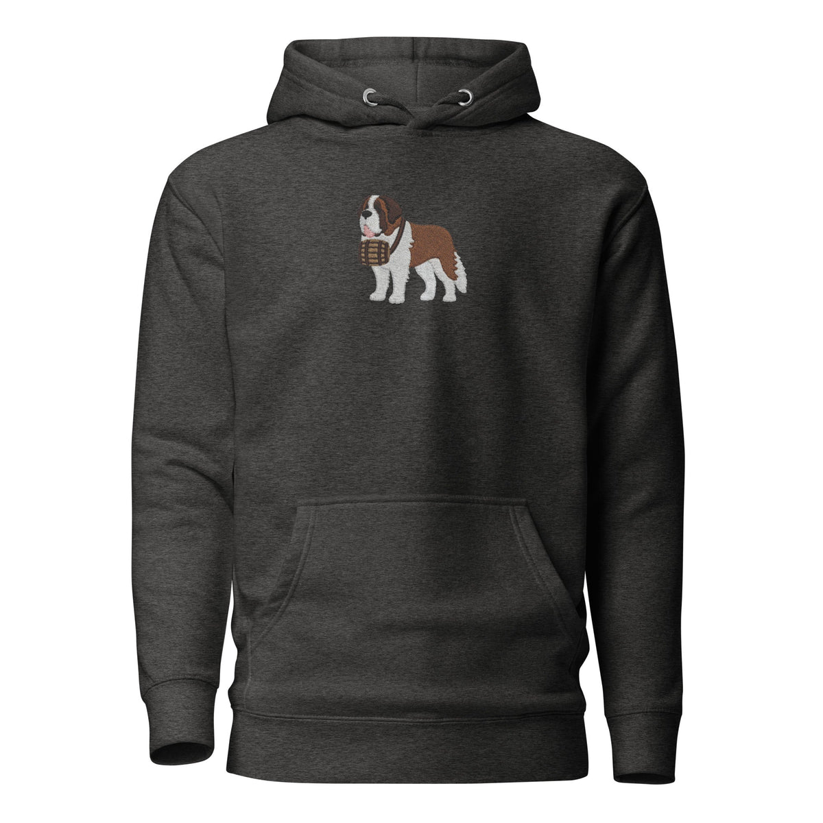 Premium hoodie embroidered with a detailed Saint Bernard with a barrel around its neck by Lucy and Norman.
