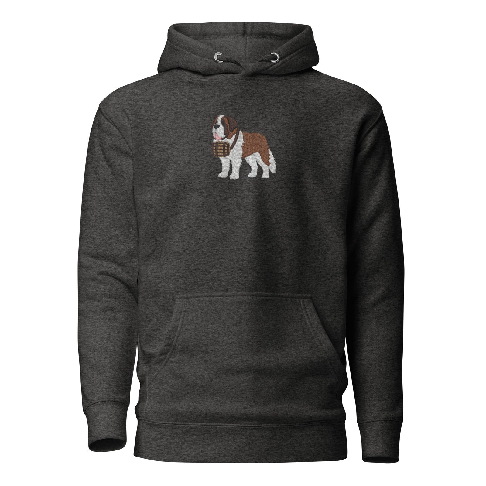 Premium hoodie embroidered with a detailed Saint Bernard with a barrel around its neck by Lucy and Norman.