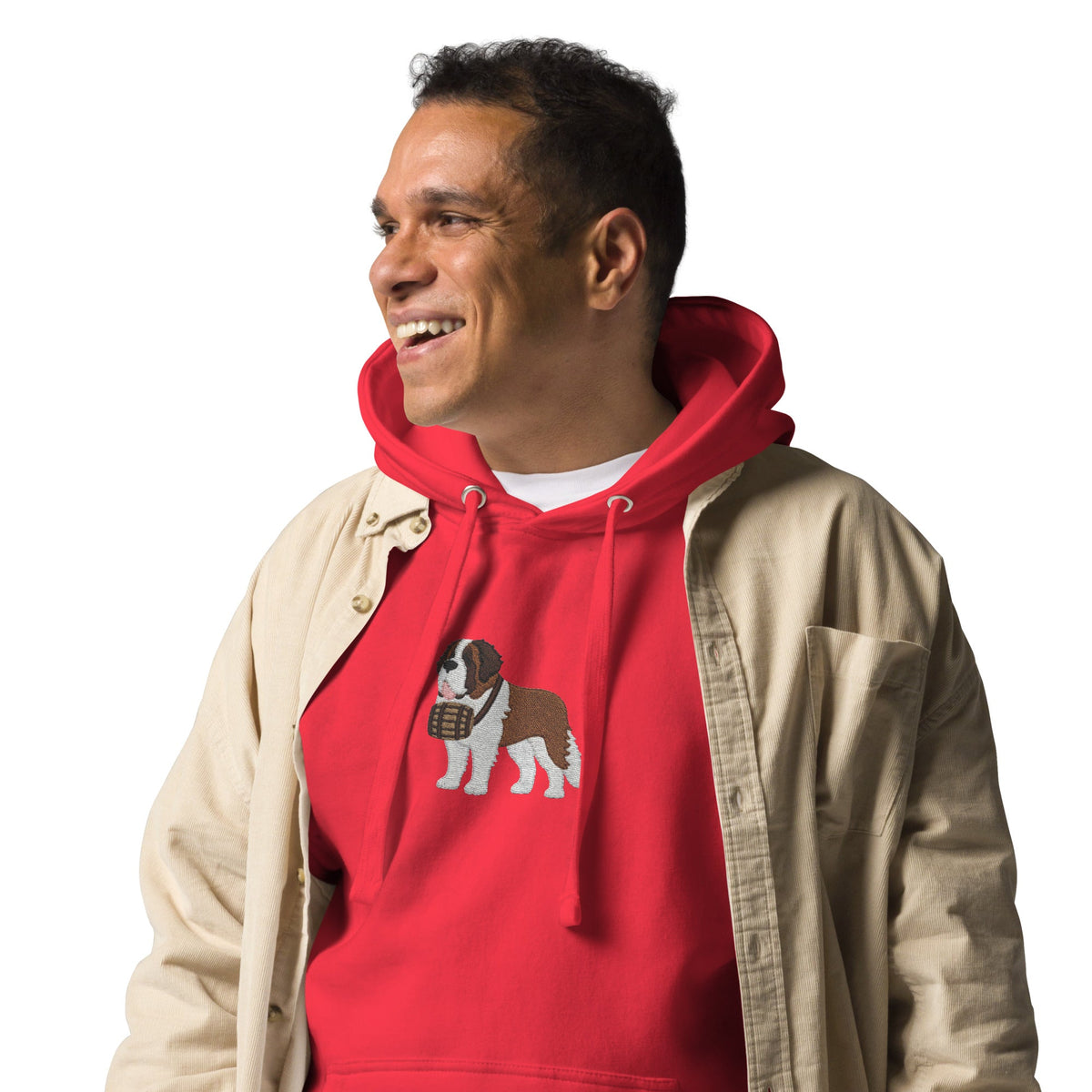 Premium hoodie embroidered with a detailed Saint Bernard with a barrel around its neck by Lucy and Norman.