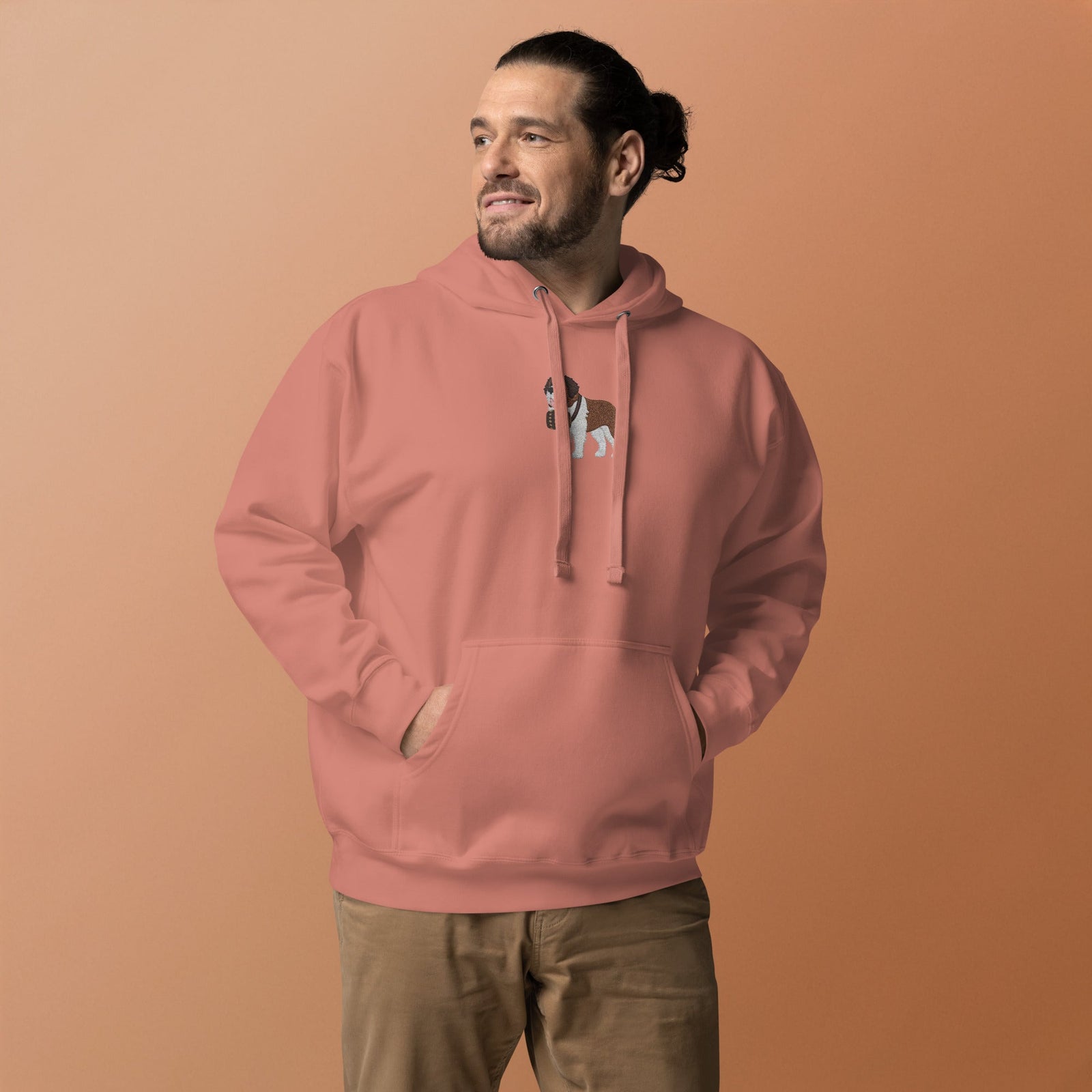 Premium hoodie embroidered with a detailed Saint Bernard with a barrel around its neck by Lucy and Norman.