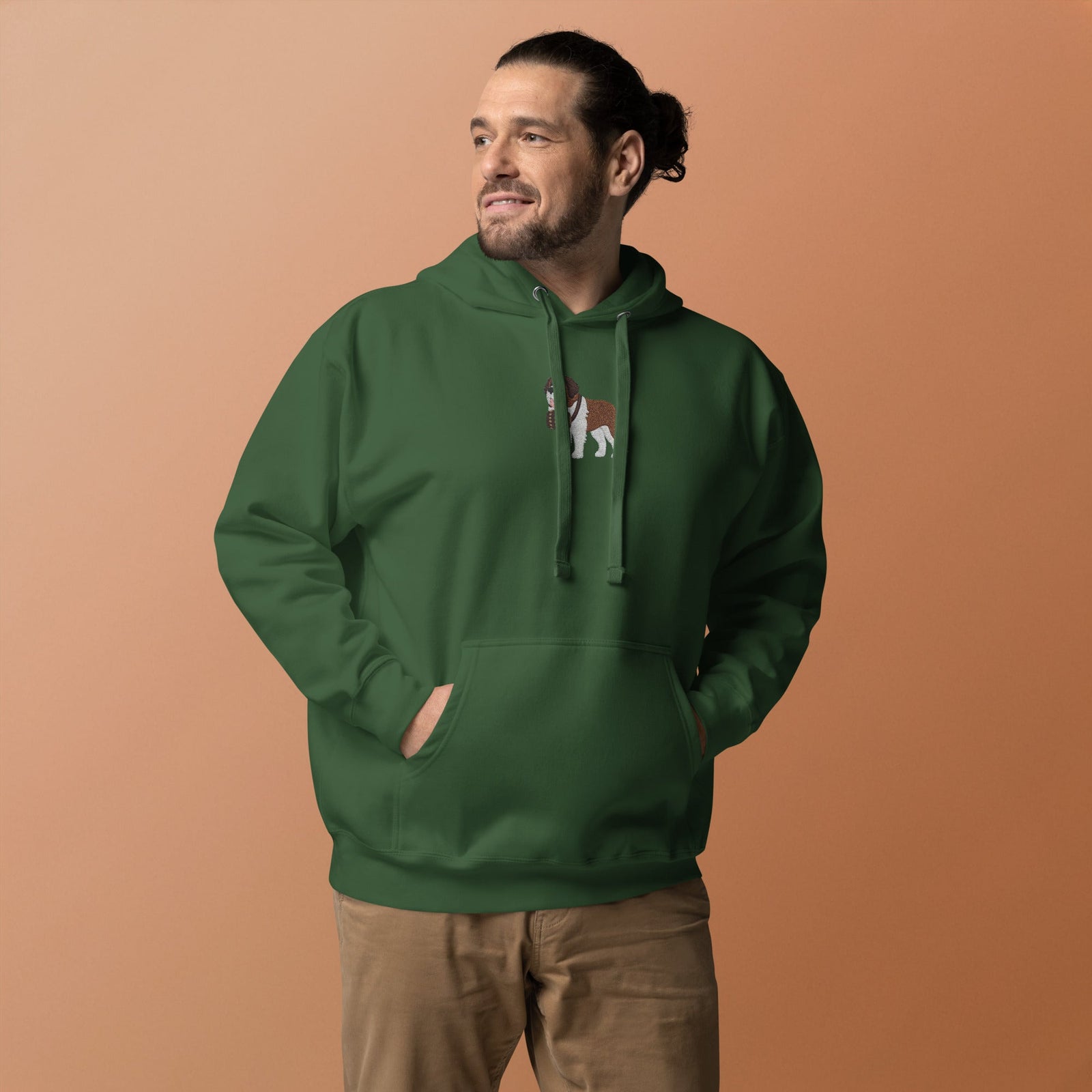 Premium hoodie embroidered with a detailed Saint Bernard with a barrel around its neck by Lucy and Norman.