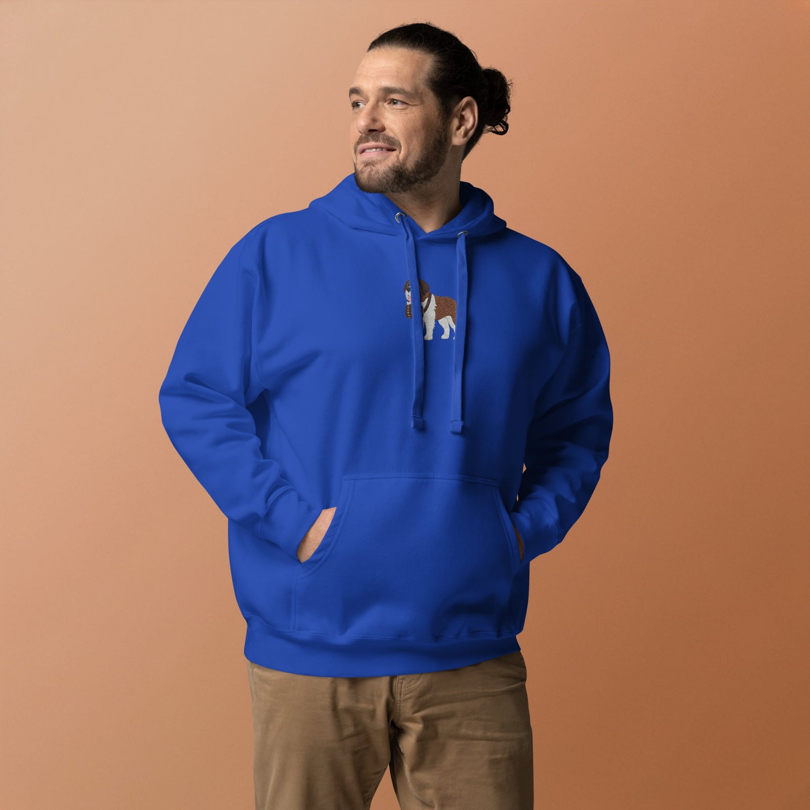 Premium hoodie embroidered with a detailed Saint Bernard with a barrel around its neck by Lucy and Norman.