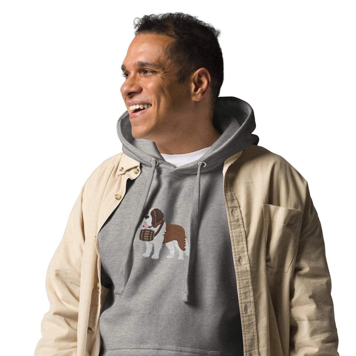 Premium hoodie embroidered with a detailed Saint Bernard with a barrel around its neck by Lucy and Norman.