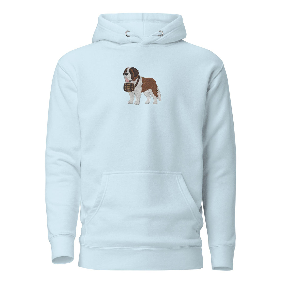 Premium hoodie embroidered with a detailed Saint Bernard with a barrel around its neck by Lucy and Norman.