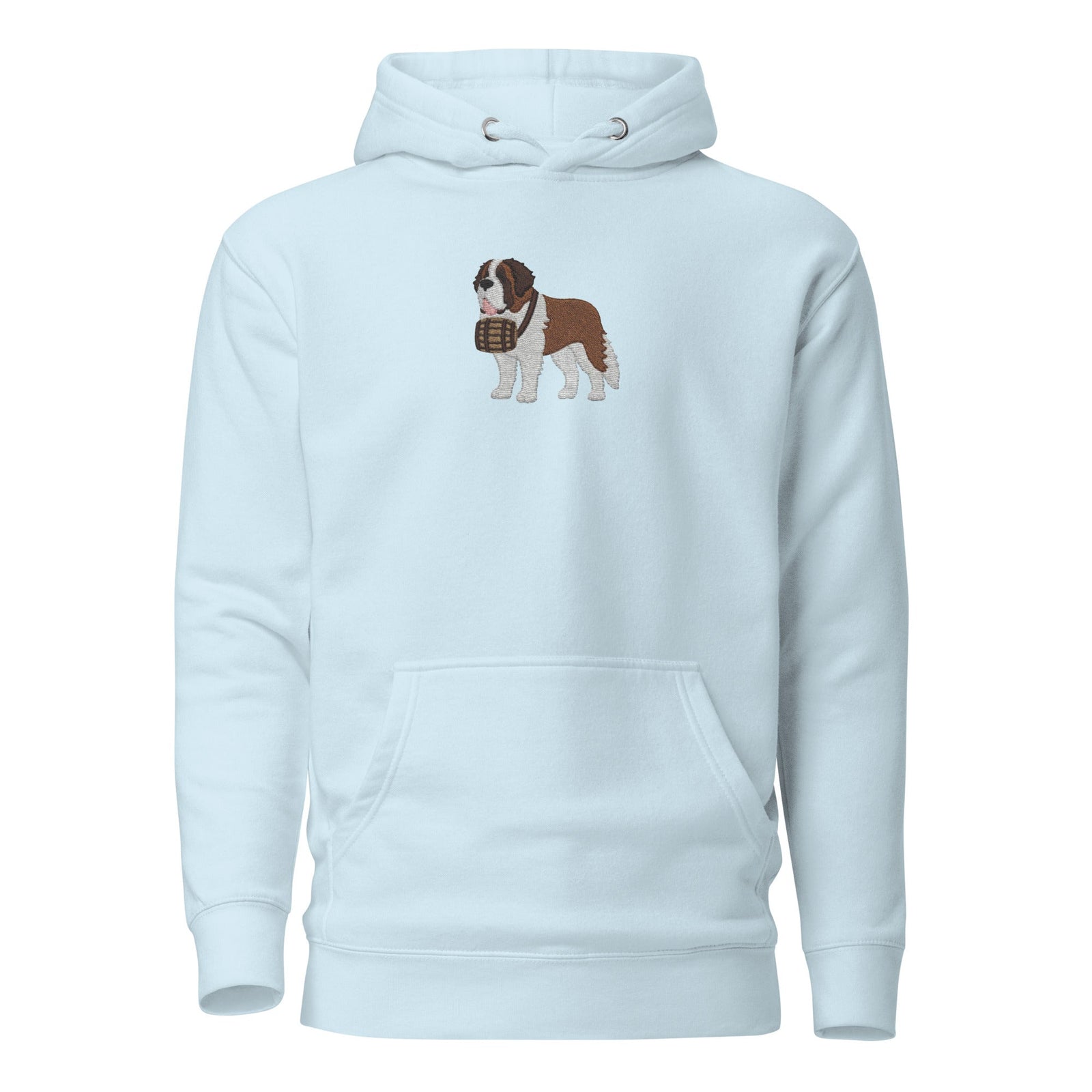 Premium hoodie embroidered with a detailed Saint Bernard with a barrel around its neck by Lucy and Norman.