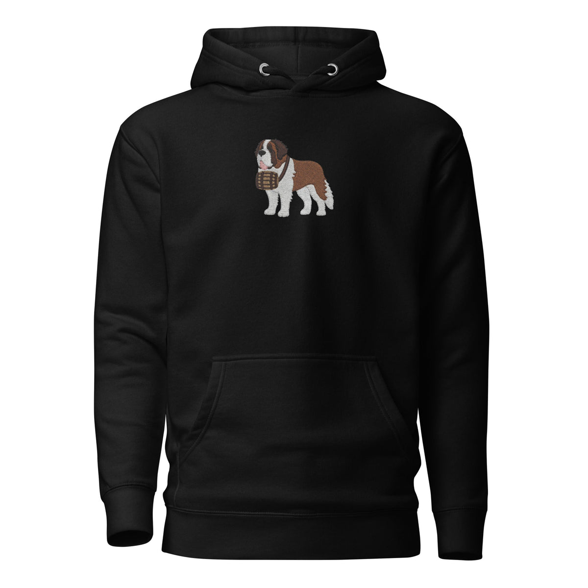 Premium hoodie embroidered with a detailed Saint Bernard with a barrel around its neck by Lucy and Norman.