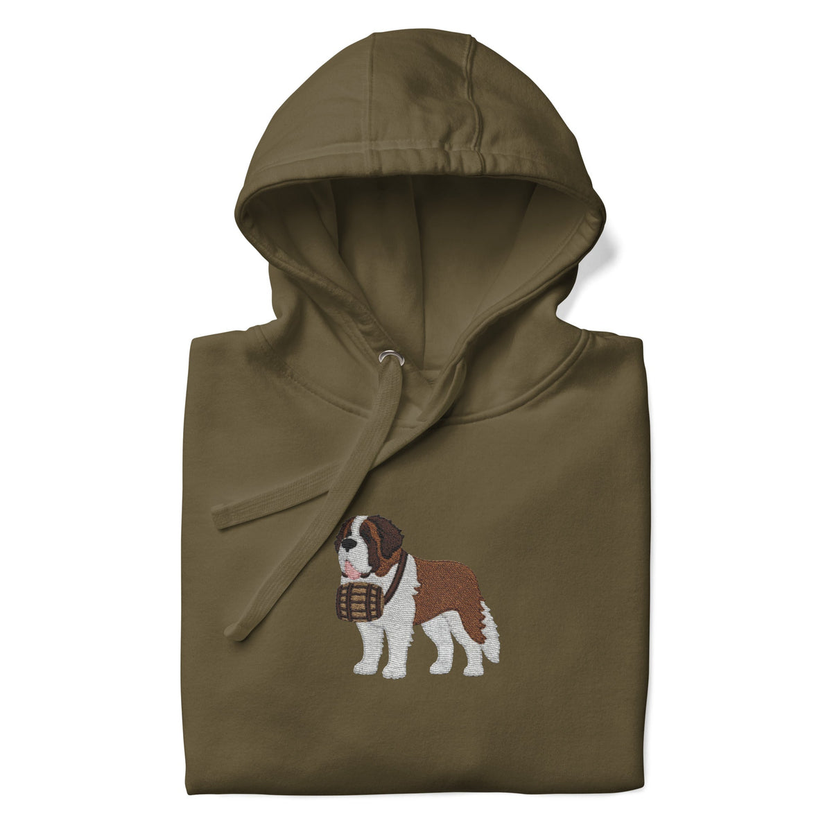 Premium hoodie embroidered with a detailed Saint Bernard with a barrel around its neck by Lucy and Norman.