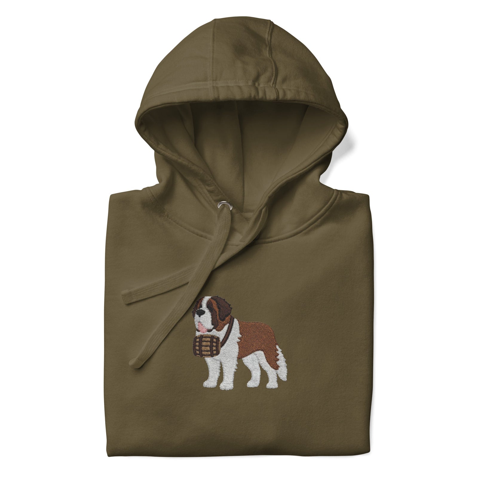 Premium hoodie embroidered with a detailed Saint Bernard with a barrel around its neck by Lucy and Norman.