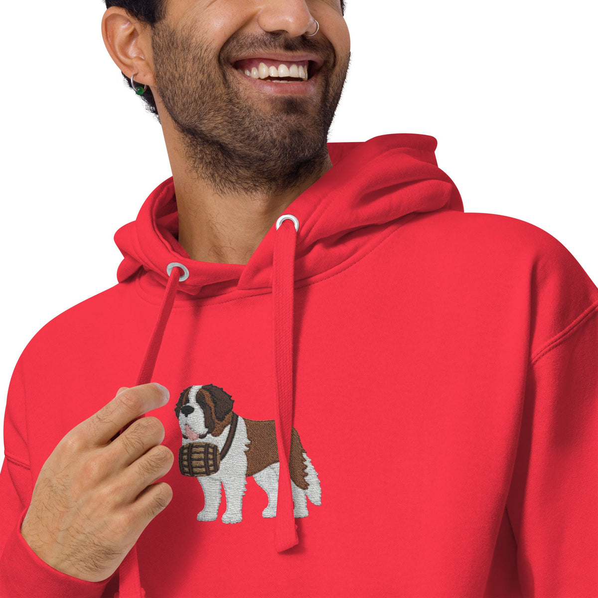 Premium hoodie embroidered with a detailed Saint Bernard with a barrel around its neck by Lucy and Norman.