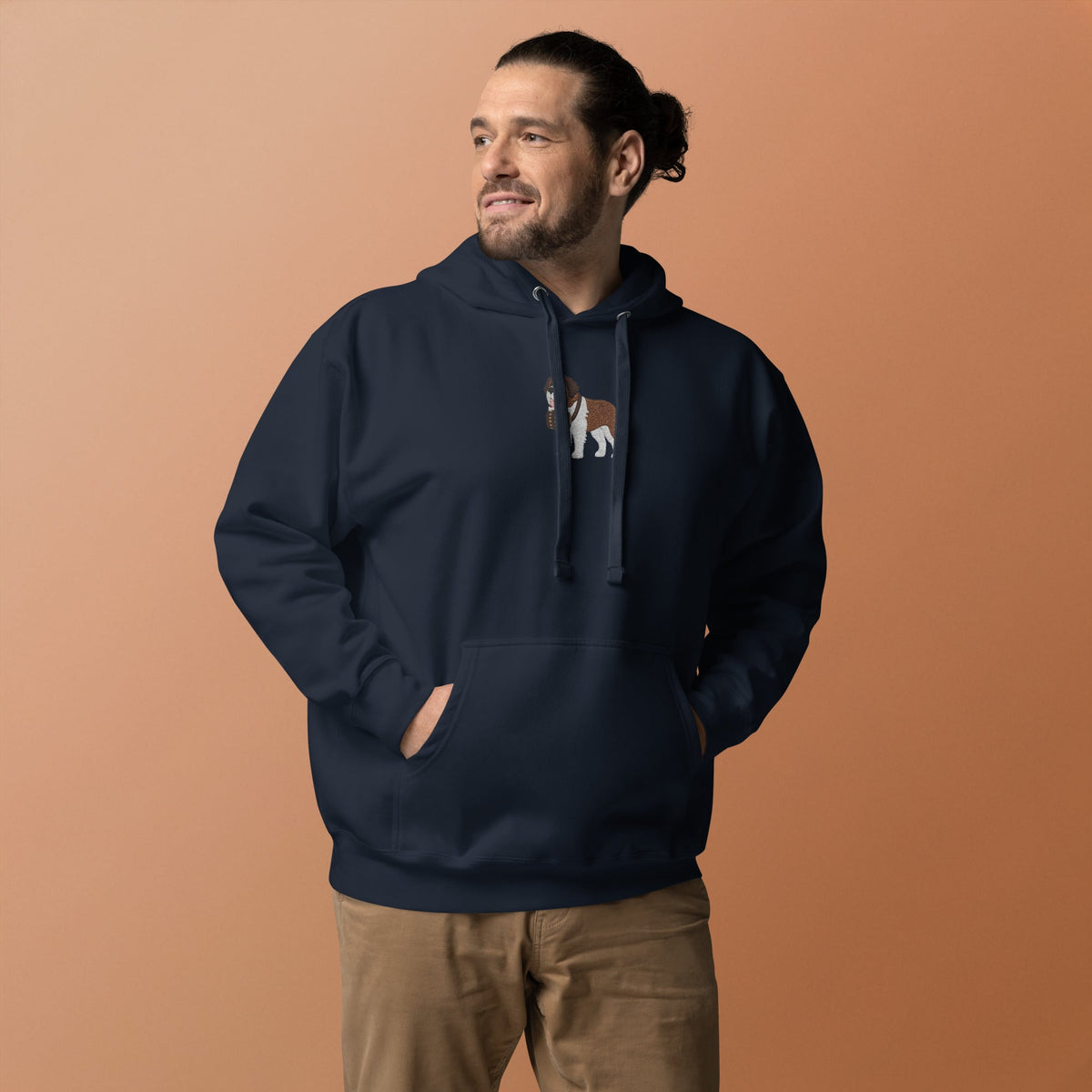 Premium hoodie embroidered with a detailed Saint Bernard with a barrel around its neck by Lucy and Norman.